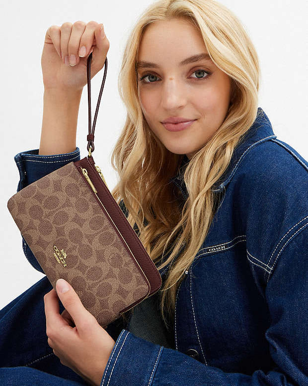 Coach Double Zip Wallet In Signature Canvas Signature Canvas - Gold - Tan - Brown