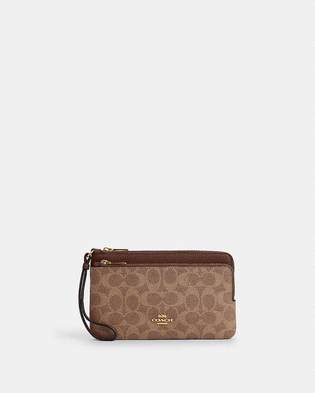 Coach Double Zip Wallet In Signature Canvas Signature Canvas - Gold - Tan - Brown
