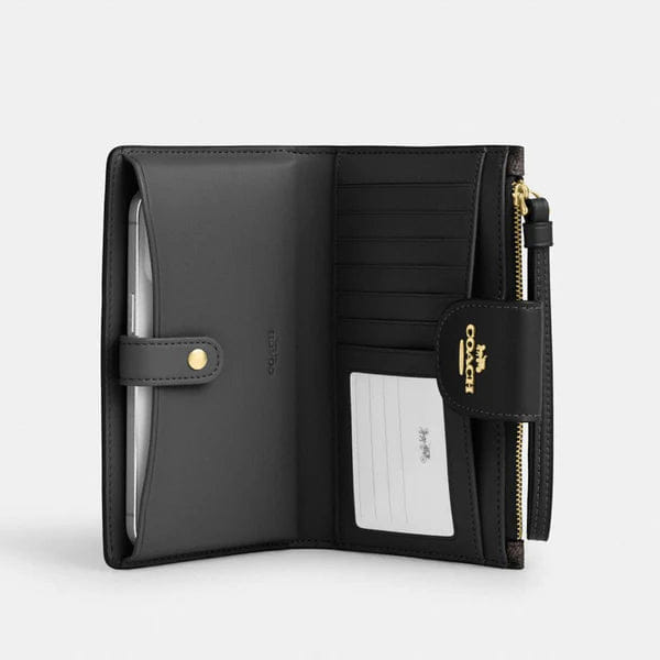 Coach Phone Wallet In Signature Canvas Gold Walnut Black