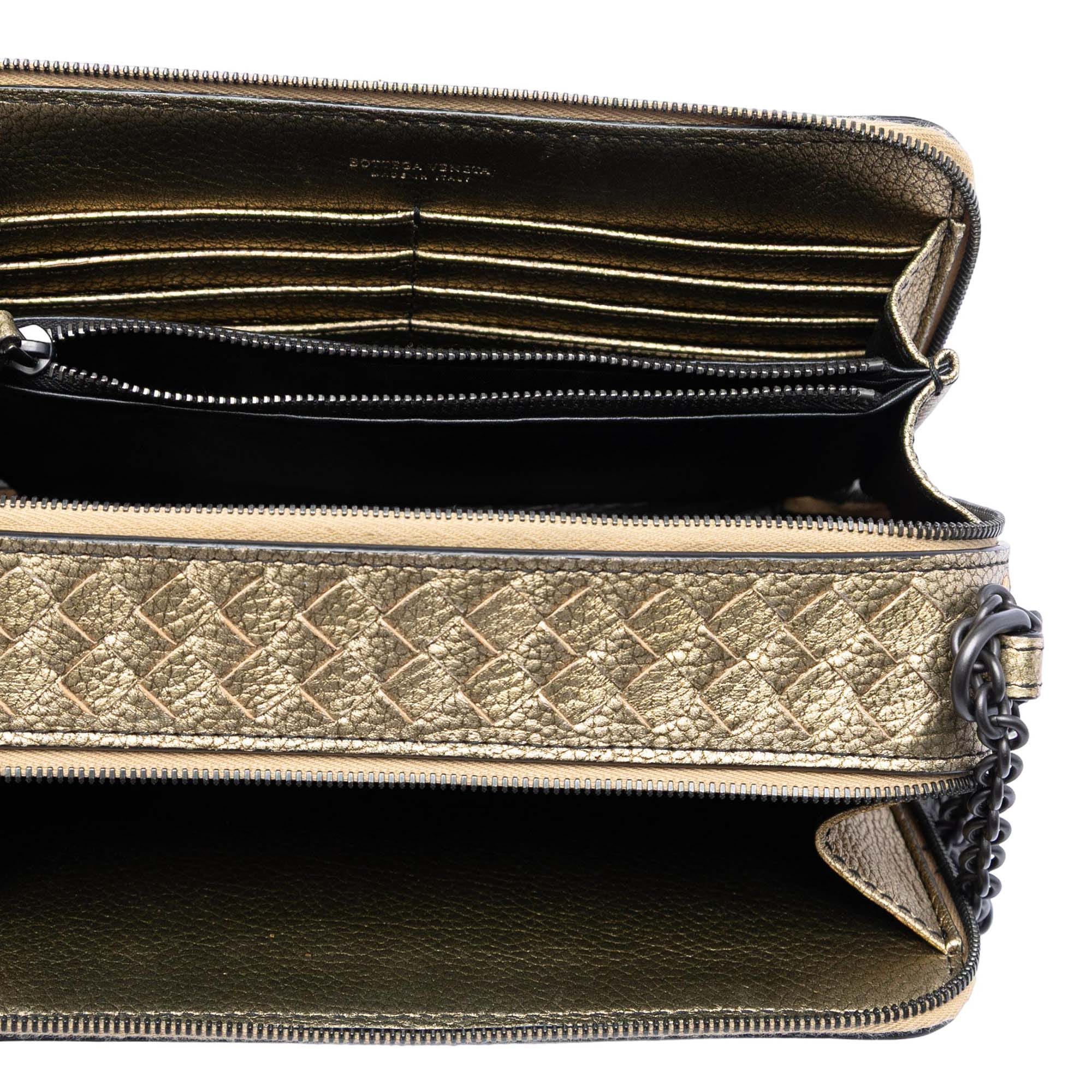 Bottega Veneta Intrecciato Trimmed Metallic Leather Double Zip Shoulder Bag