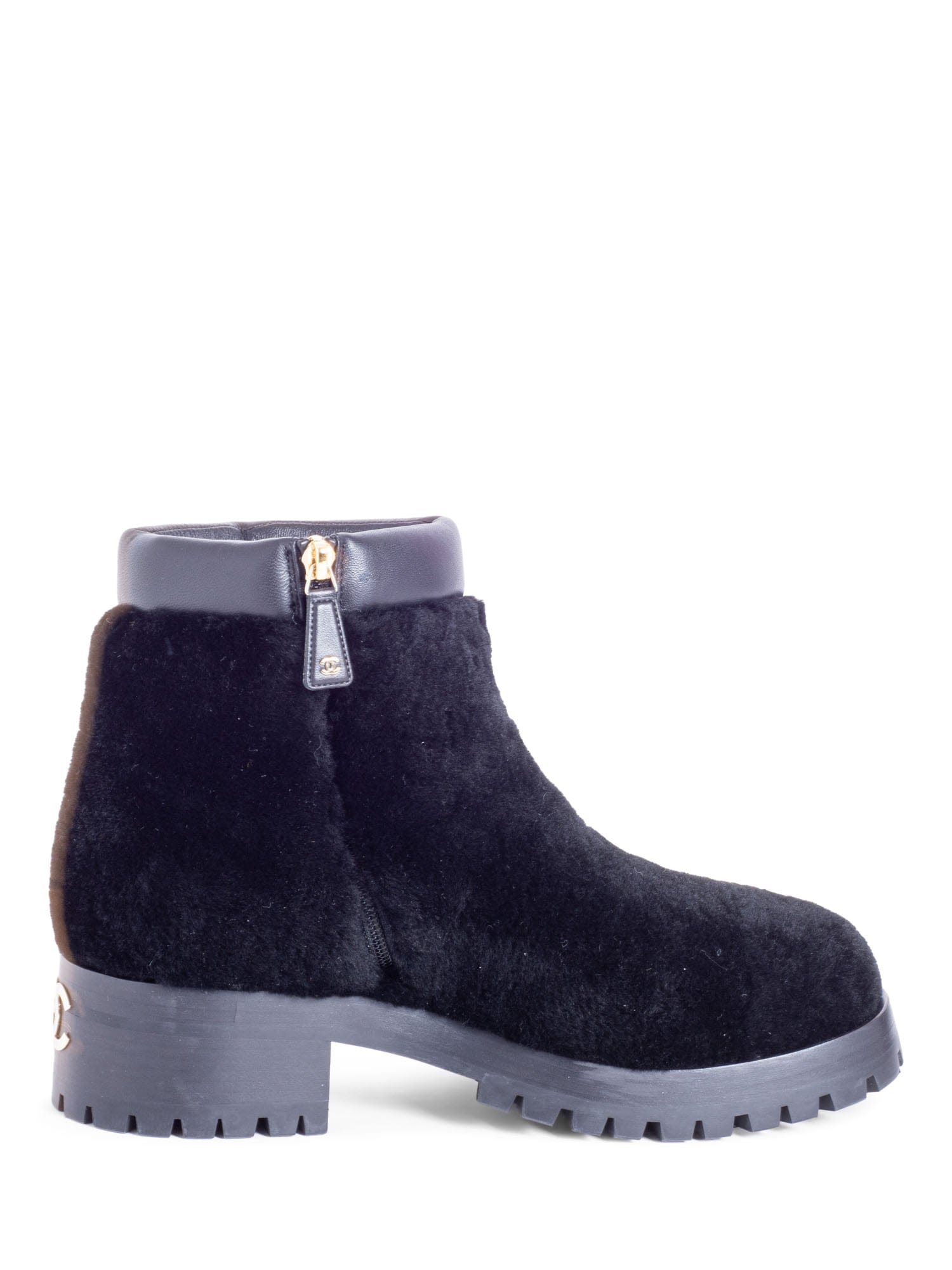 Chanel CC Logo Shearling Fur Leather Boots Black