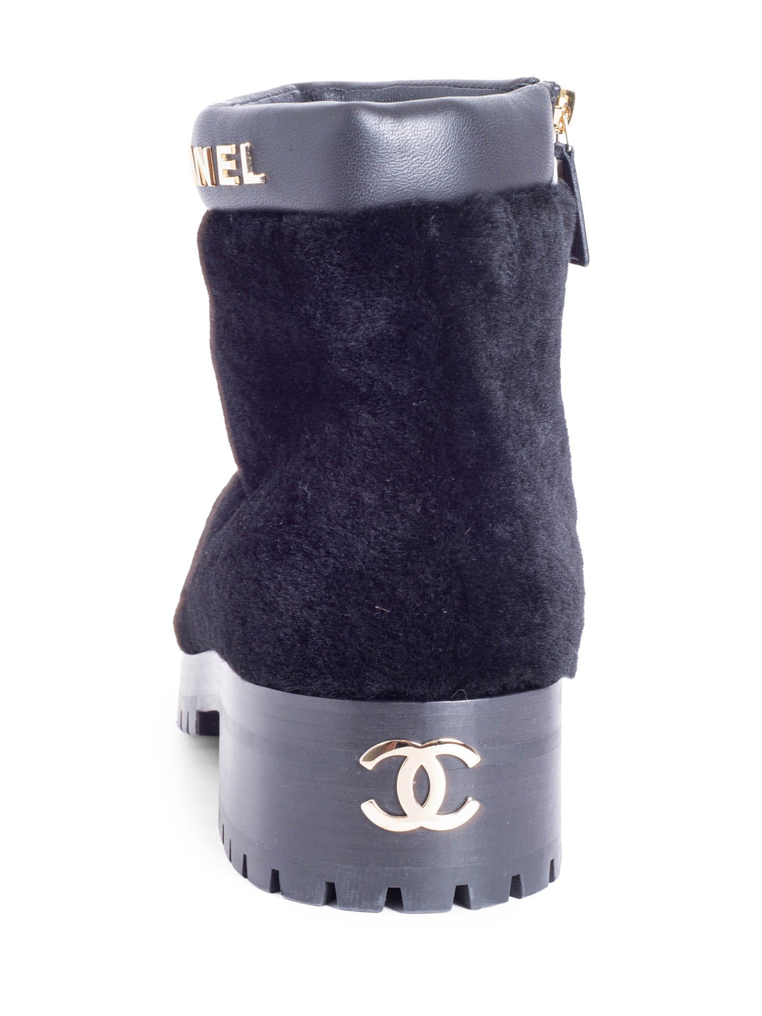 Chanel CC Logo Shearling Fur Leather Boots Black