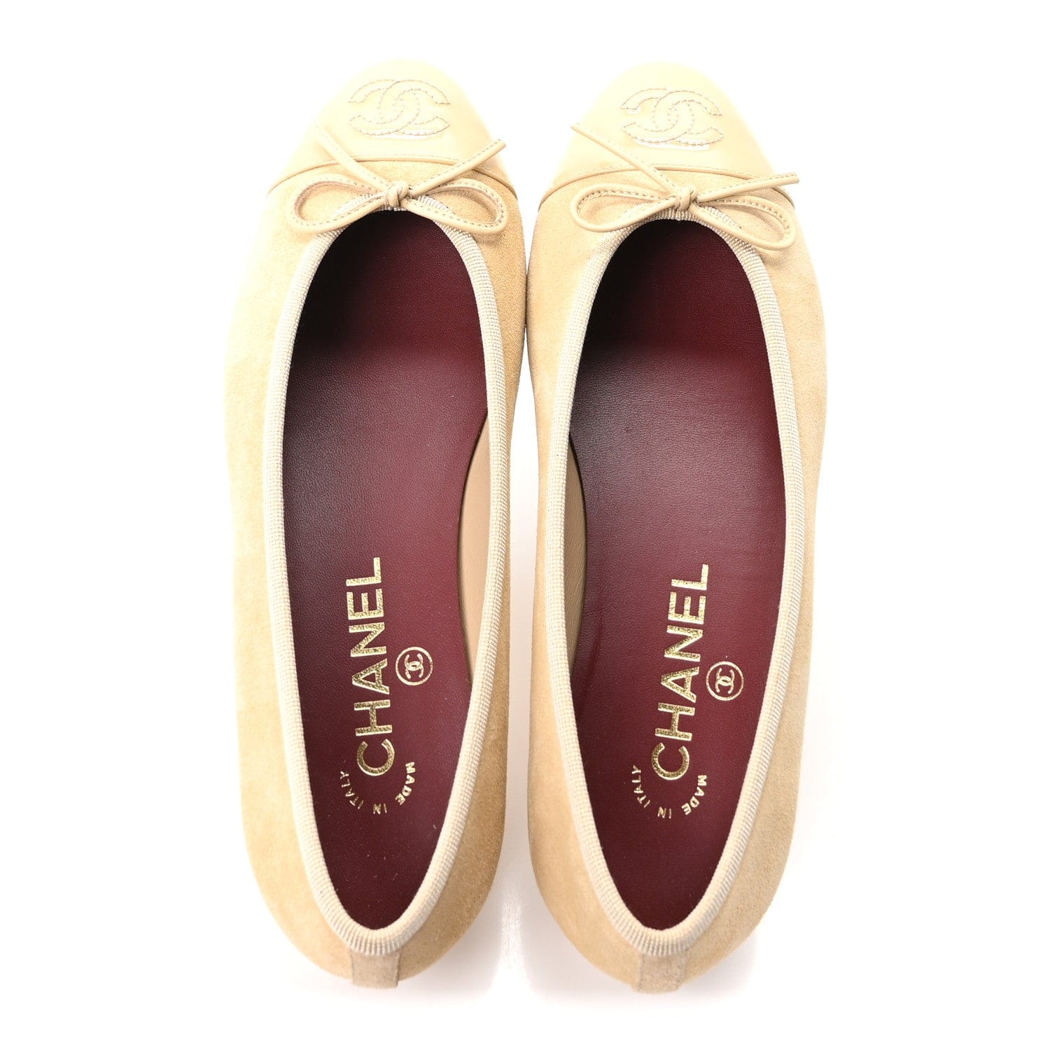 Chanel Suede Patent Calfskin Cap Toe CC Ballerina Flats 37 Beige