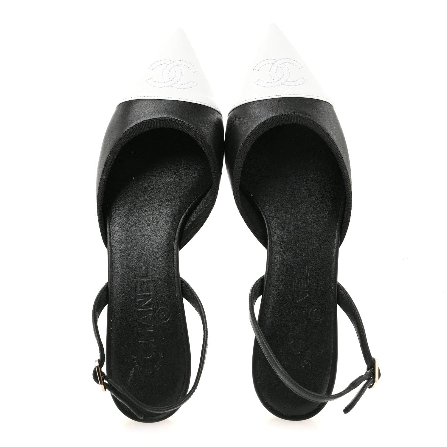Chanel Iridescent Lambskin Cap Toe CC Slingback Flats 37 Black White