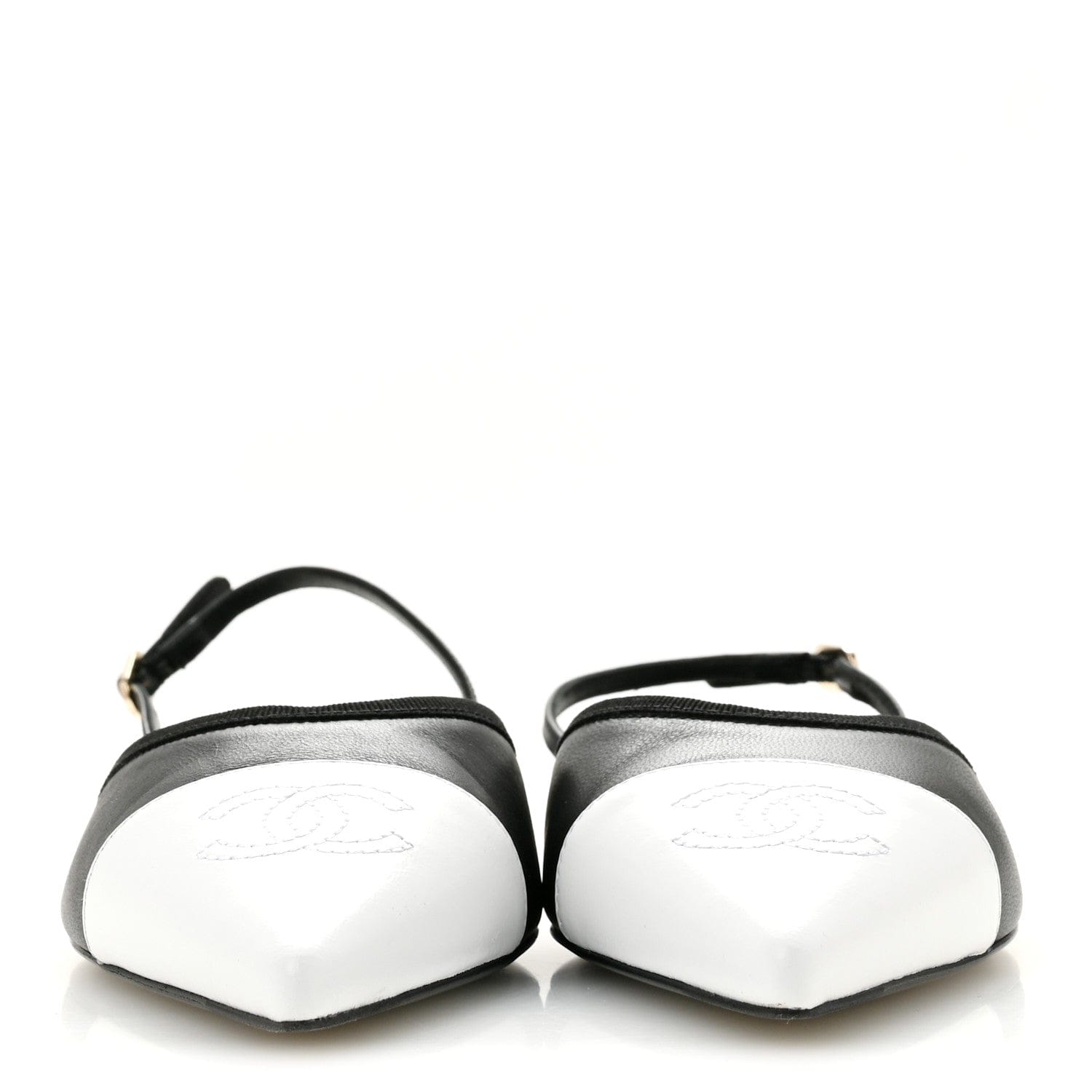 Chanel Iridescent Lambskin Cap Toe CC Slingback Flats 37 Black White