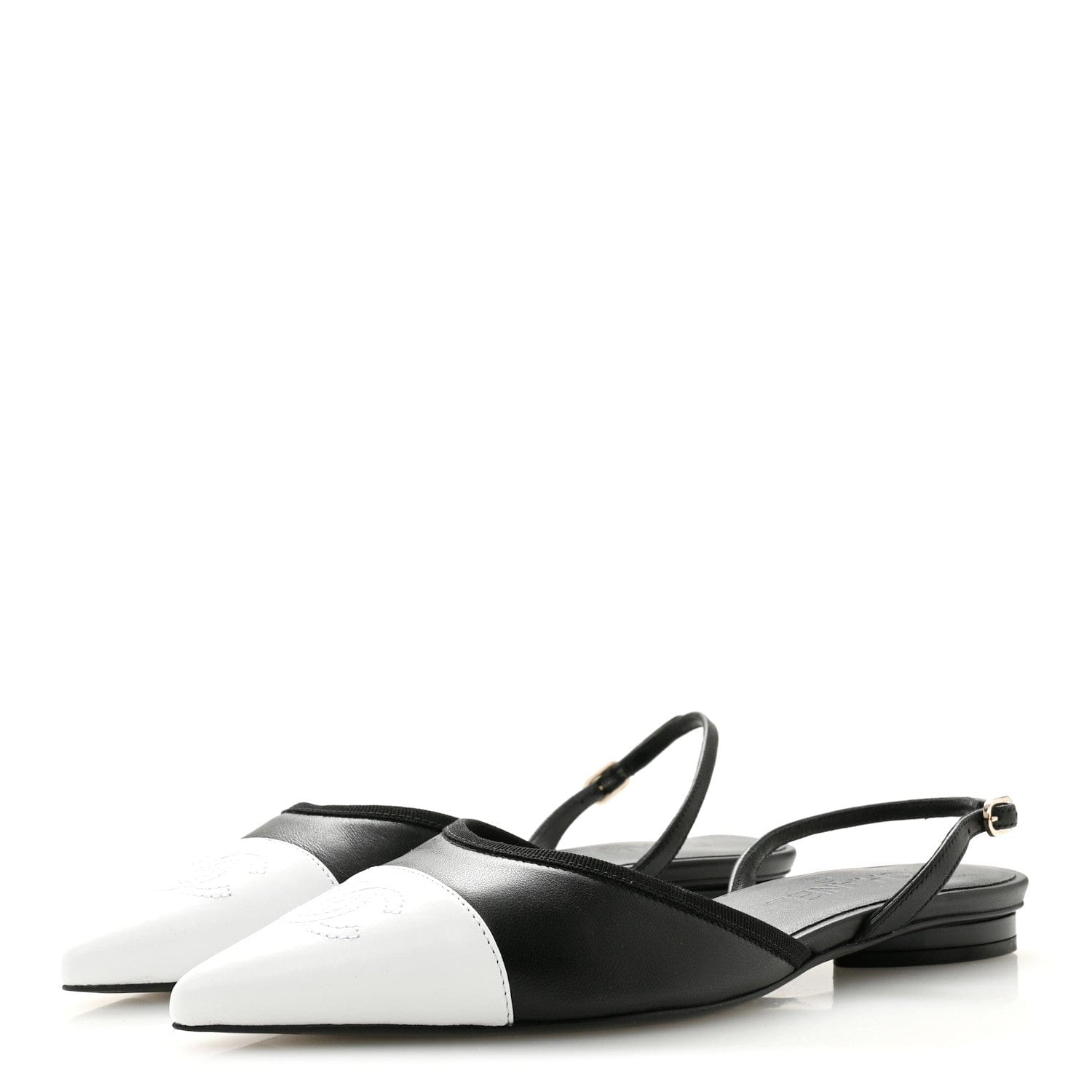 Chanel Iridescent Lambskin Cap Toe CC Slingback Flats 37 Black White