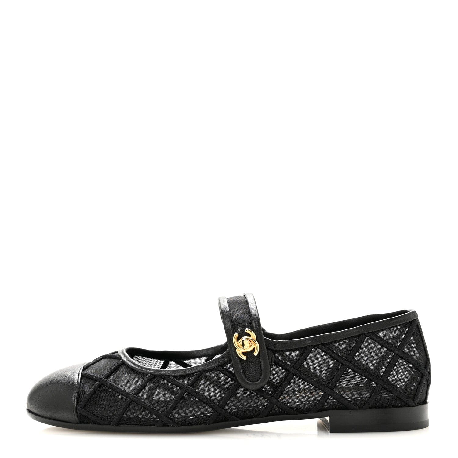 Chanel Lambskin Fabric Mesh Quilted Mary Jane Cap Toe Flats 37 Black
