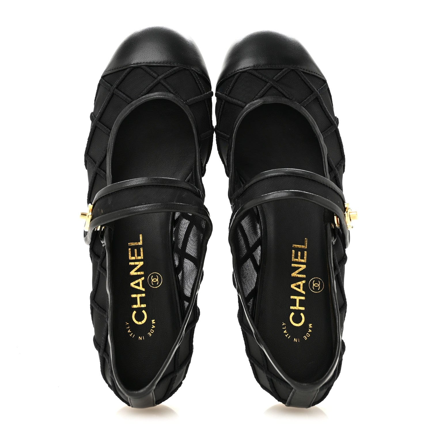 Chanel Lambskin Fabric Mesh Quilted Mary Jane Cap Toe Flats 37 Black