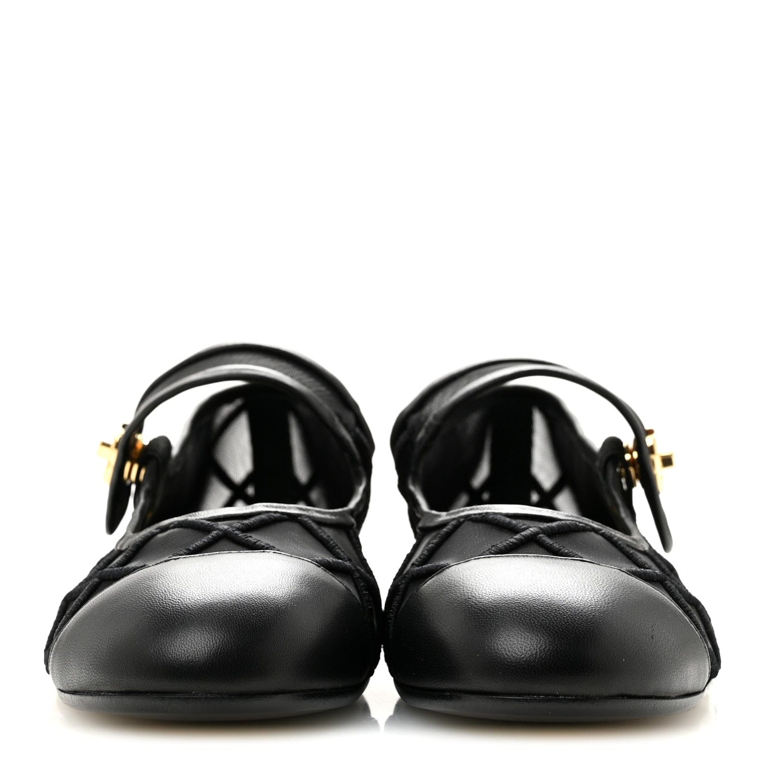 Chanel Lambskin Fabric Mesh Quilted Mary Jane Cap Toe Flats 37 Black