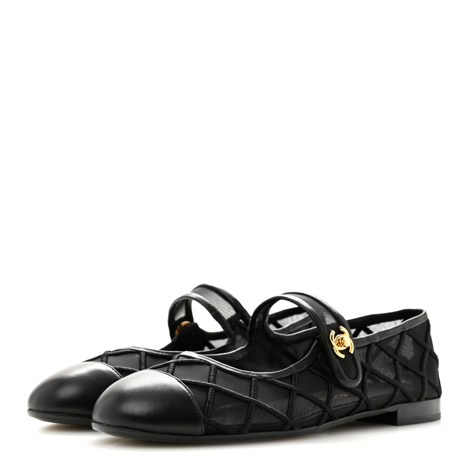 Chanel Lambskin Fabric Mesh Quilted Mary Jane Cap Toe Flats 37 Black