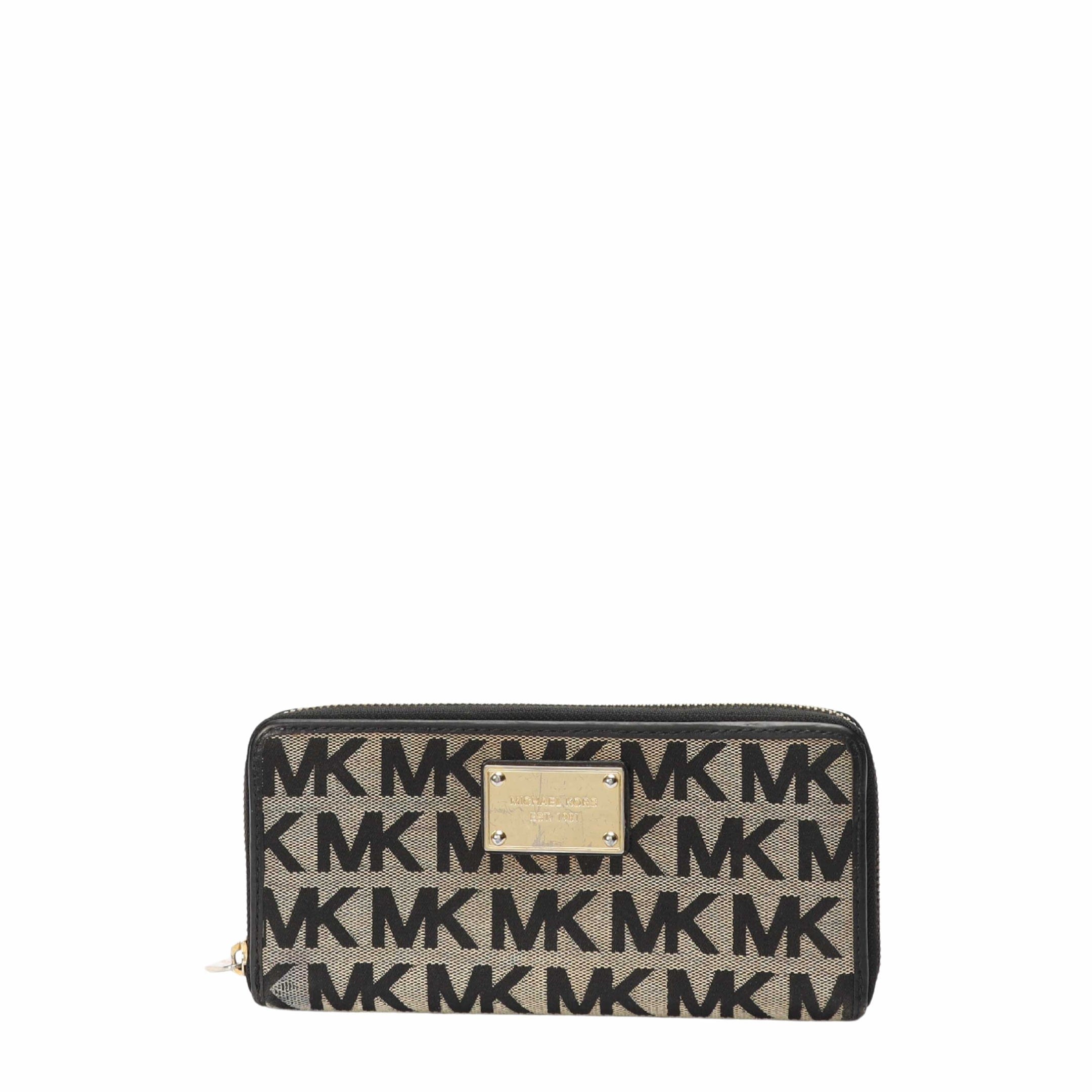 Michael Kors Beige/Black Signature Logo Zip Around Wallet