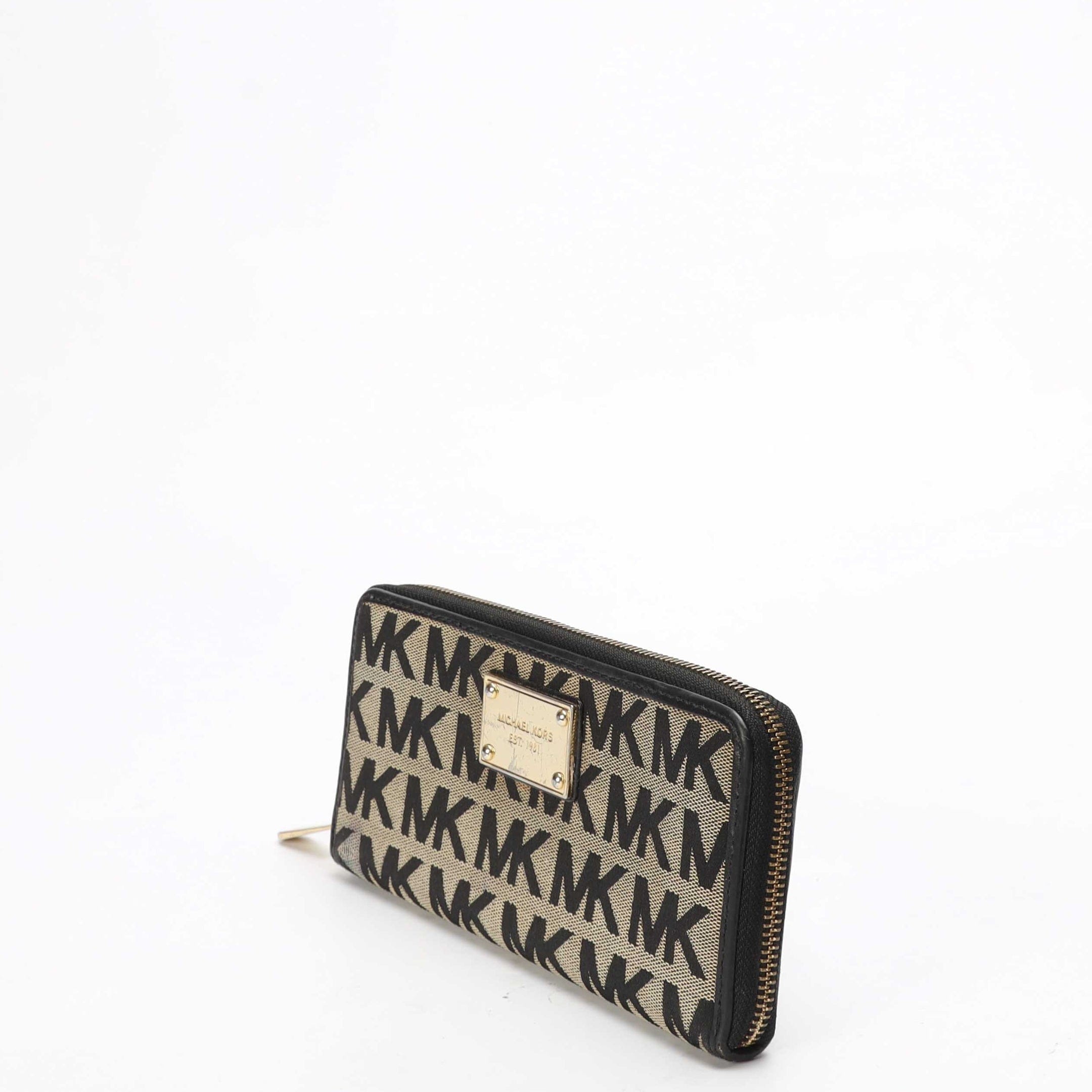 Michael Kors Beige/Black Signature Logo Zip Around Wallet