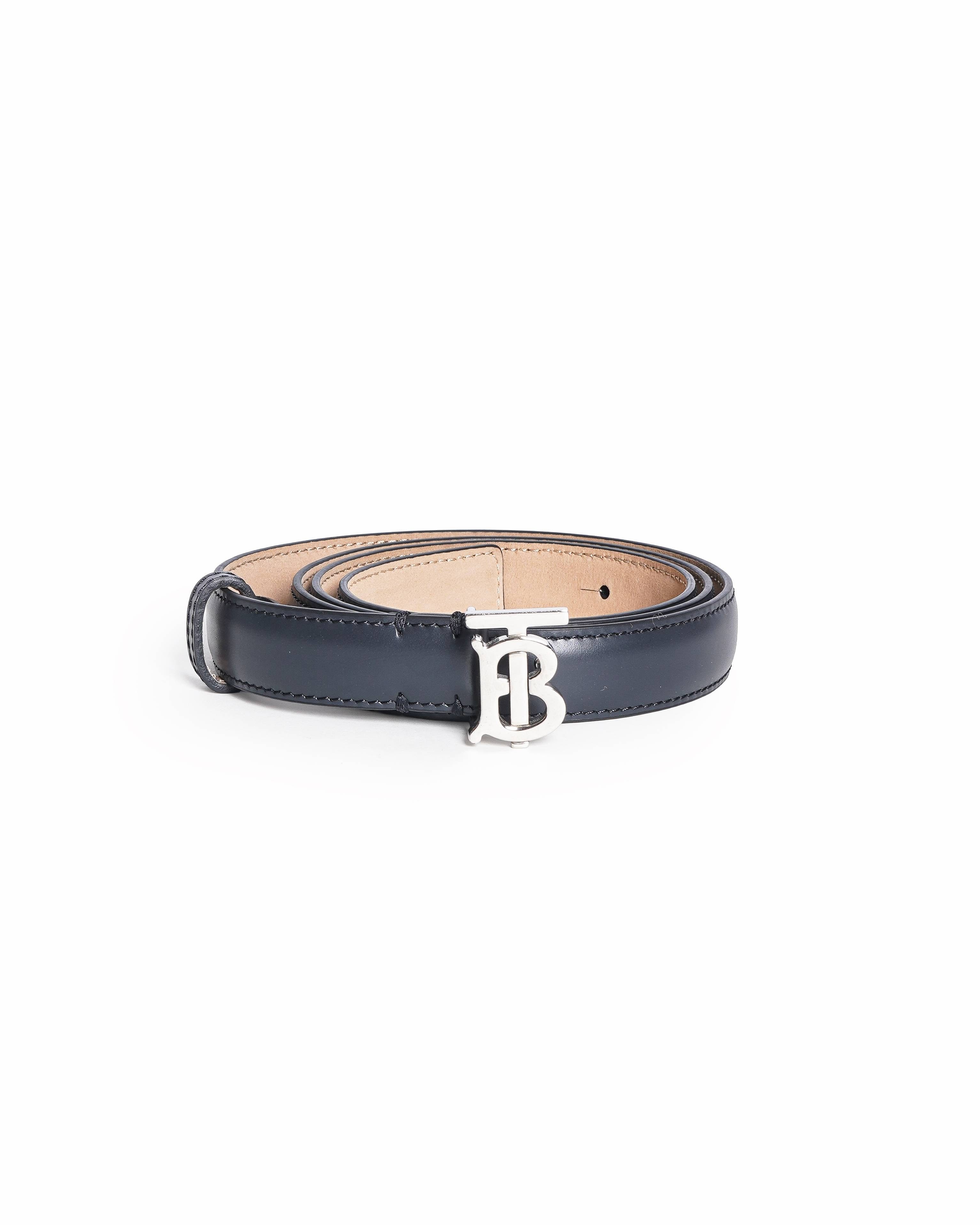 Burberry Black Leather Silver TB Monogram Belt