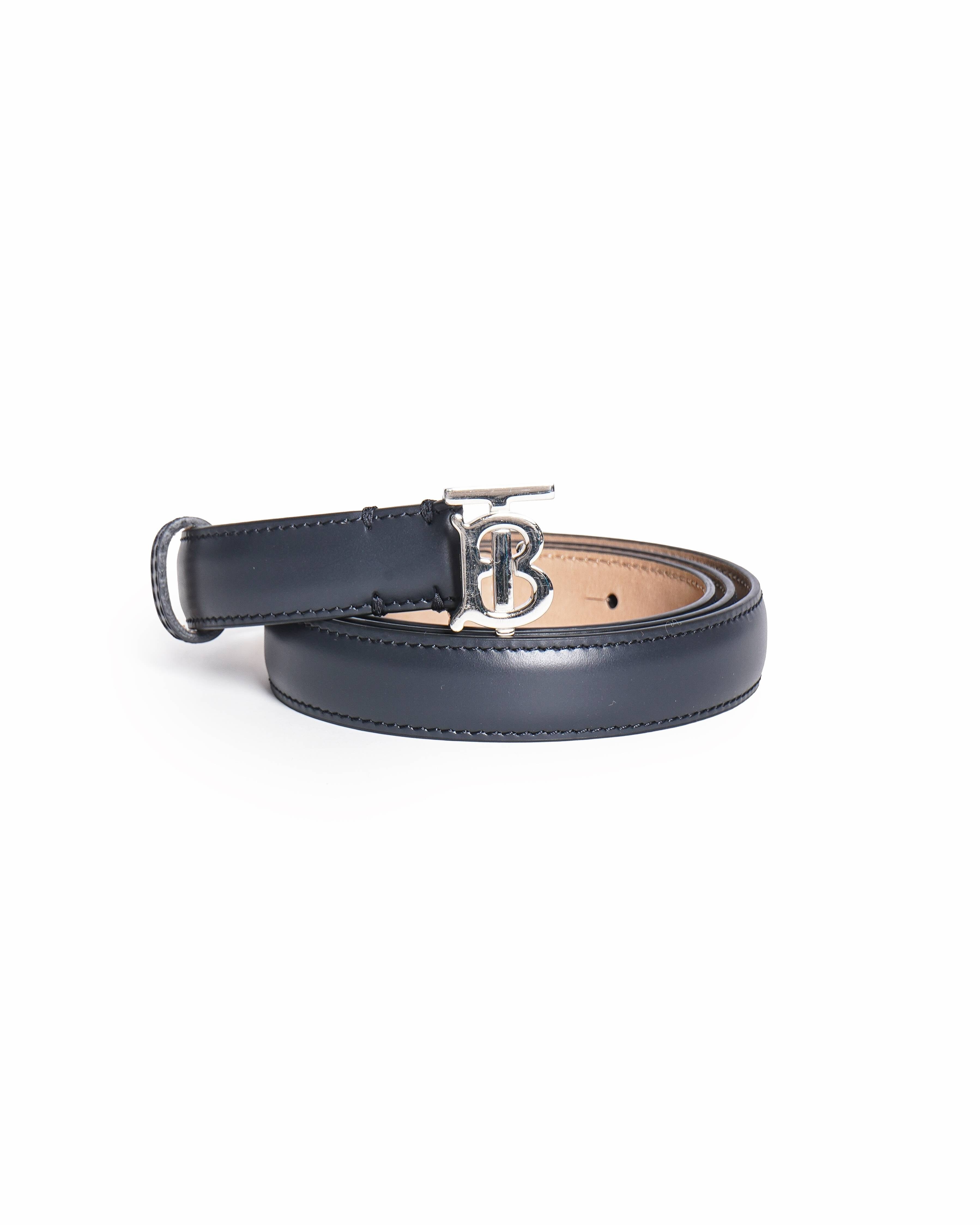 Burberry Black Leather Silver TB Monogram Belt