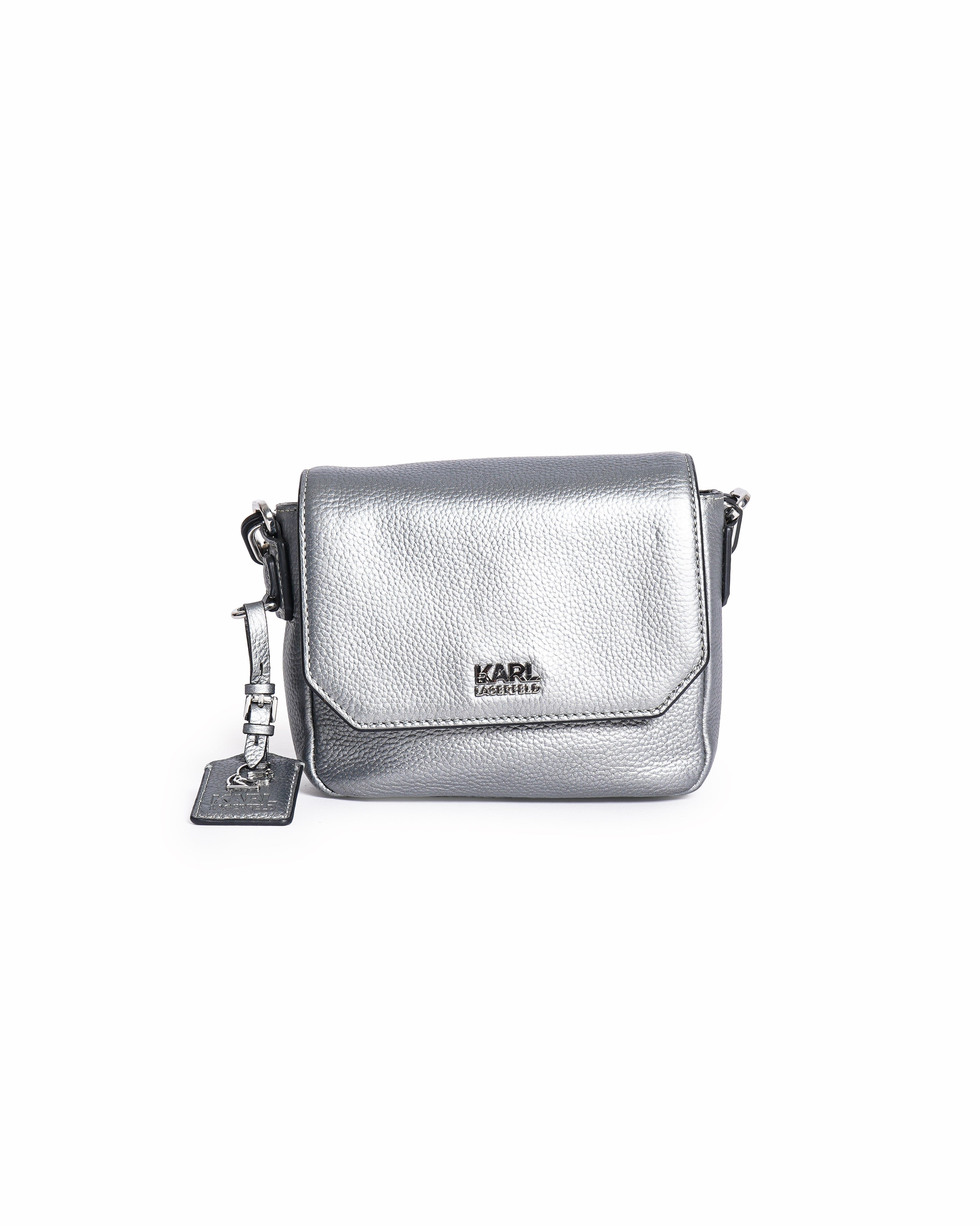 Karl Lagerfeld Metallic Silver Pebbled Leather Flap Crossbody Bag