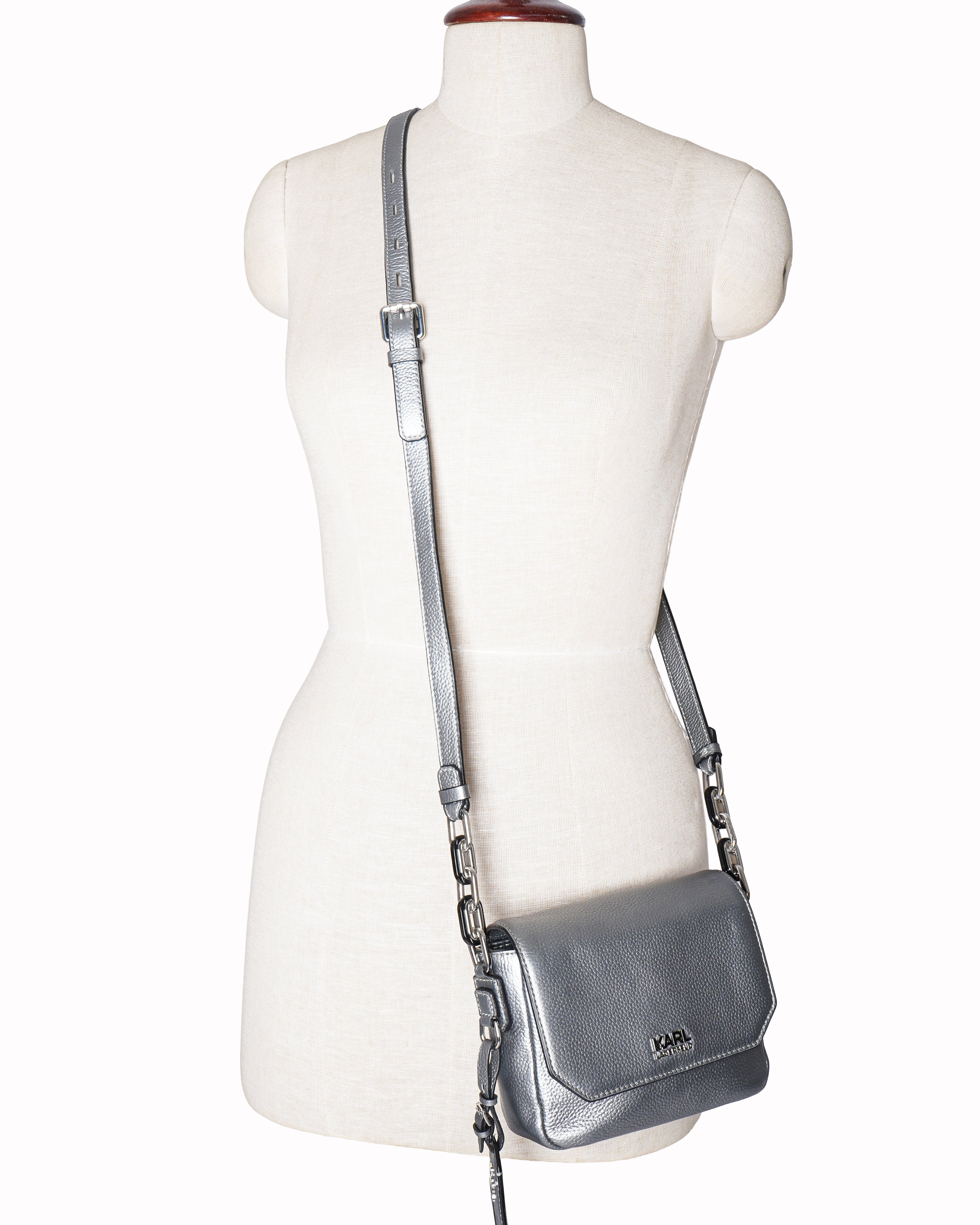 Karl Lagerfeld Metallic Silver Pebbled Leather Flap Crossbody Bag