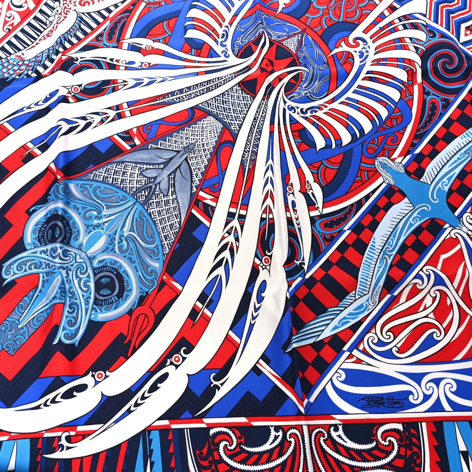 Hermes Silk Kawa Ora Scarf 90 Bleu Rouge White