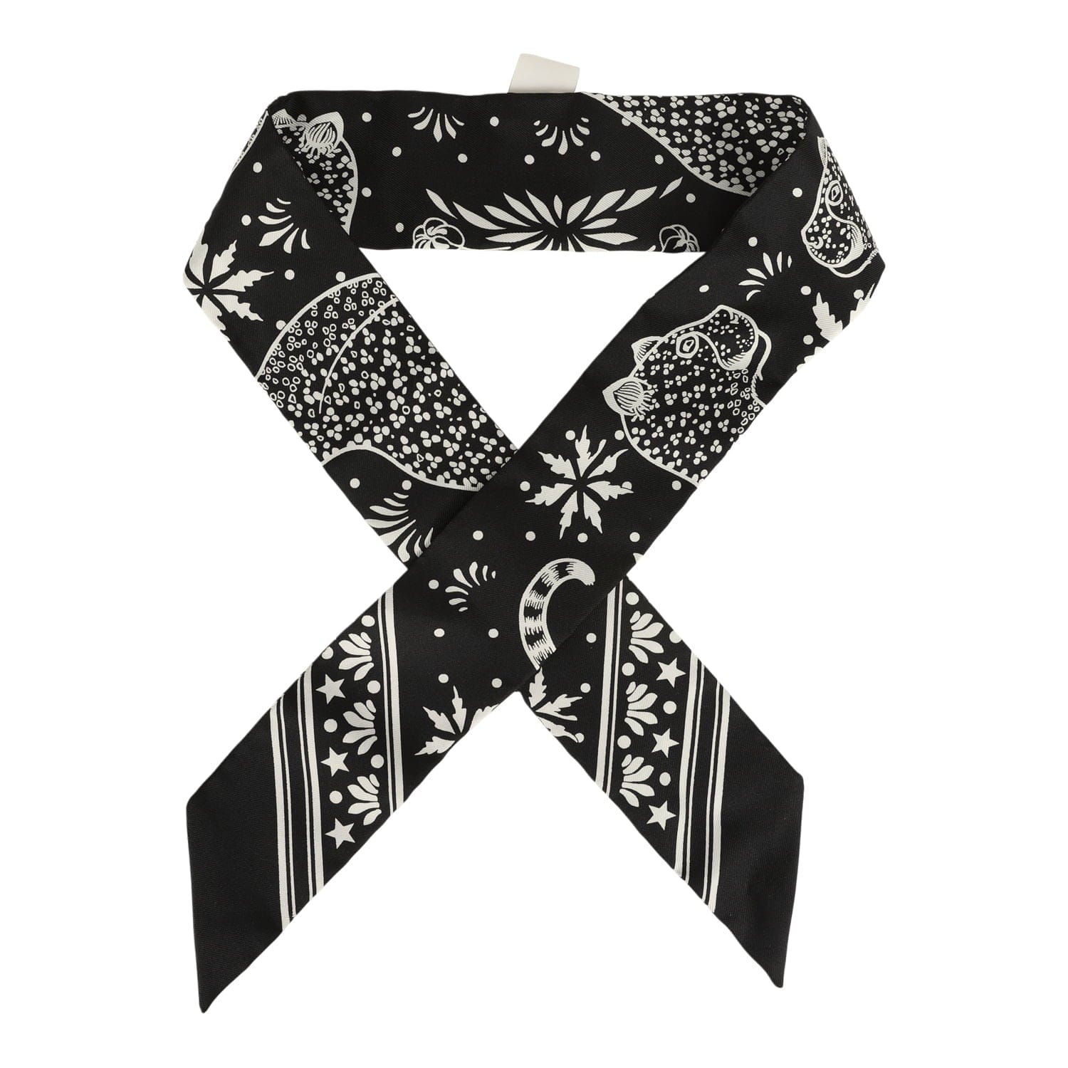 Hermes Les Leopards Black, White Silk Twilly