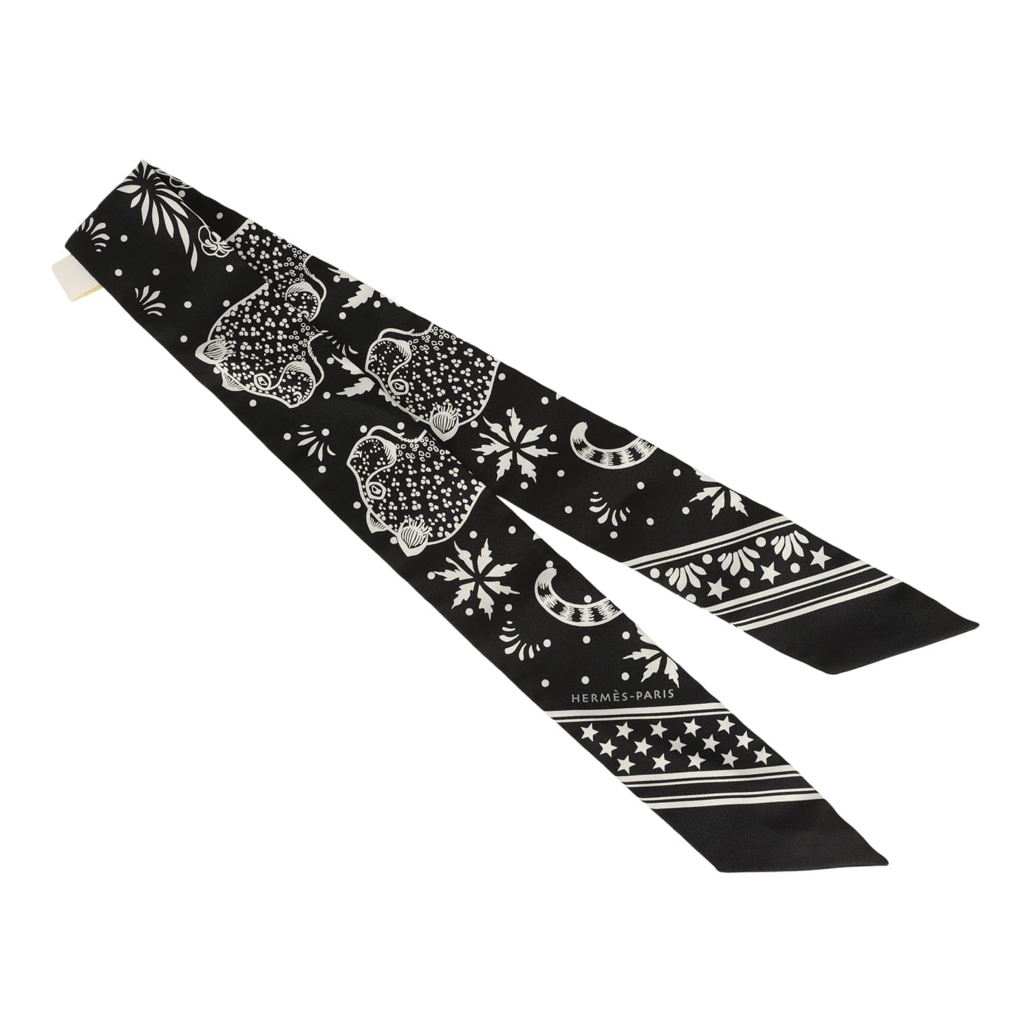 Hermes Les Leopards Black, White Silk Twilly