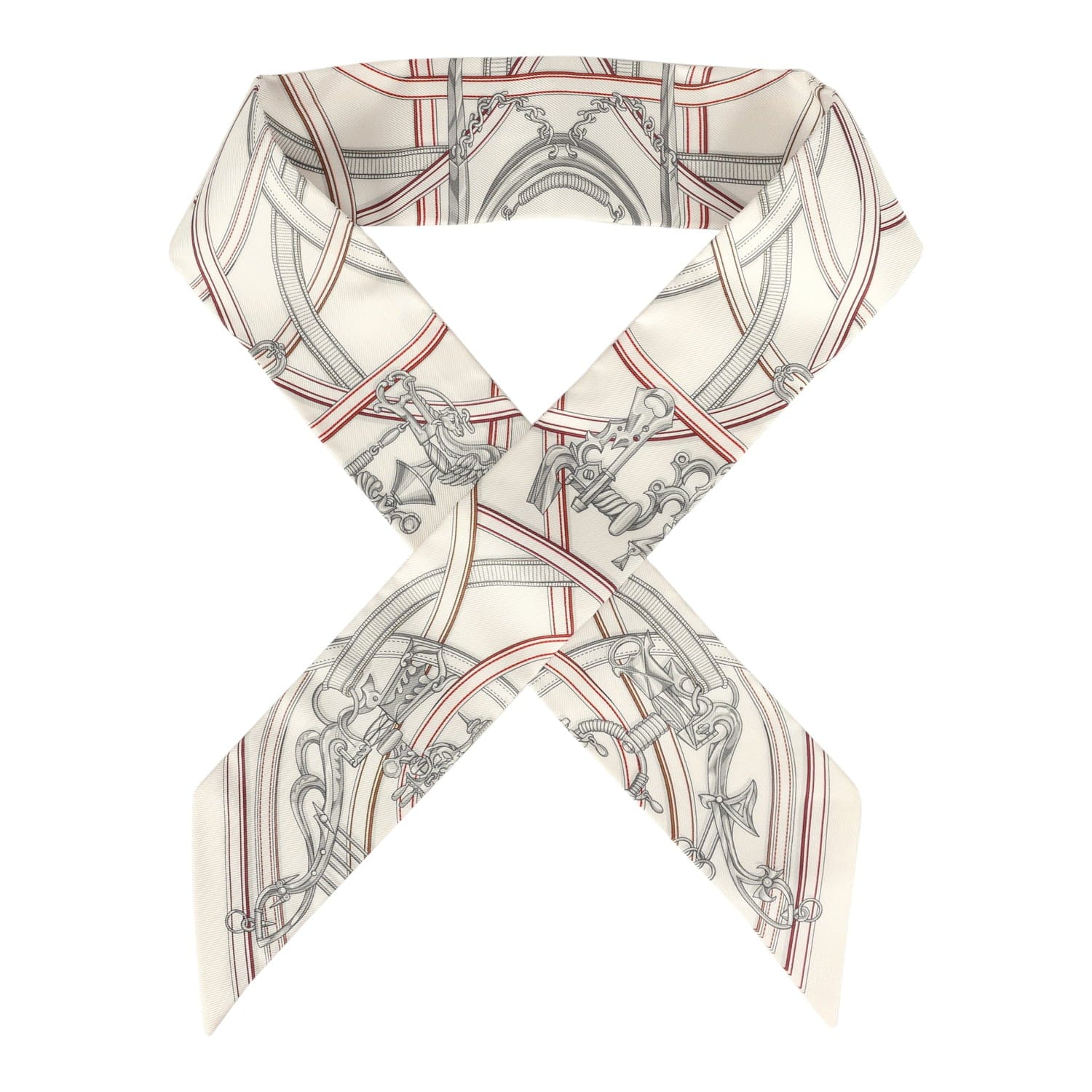 Hermes Harnais Legendaire White, Gris Perle, Rouge H Silk Twilly