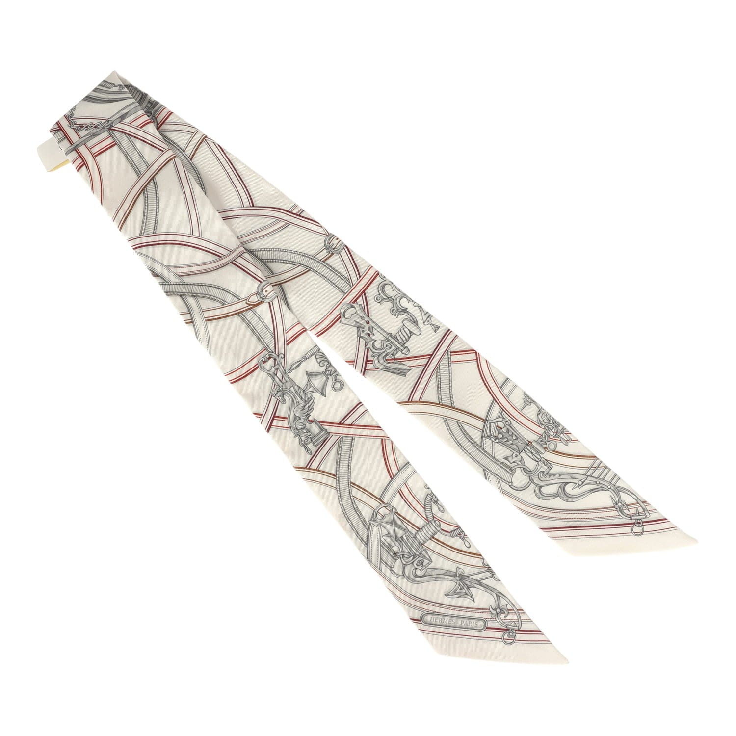 Hermes Harnais Legendaire White, Gris Perle, Rouge H Silk Twilly