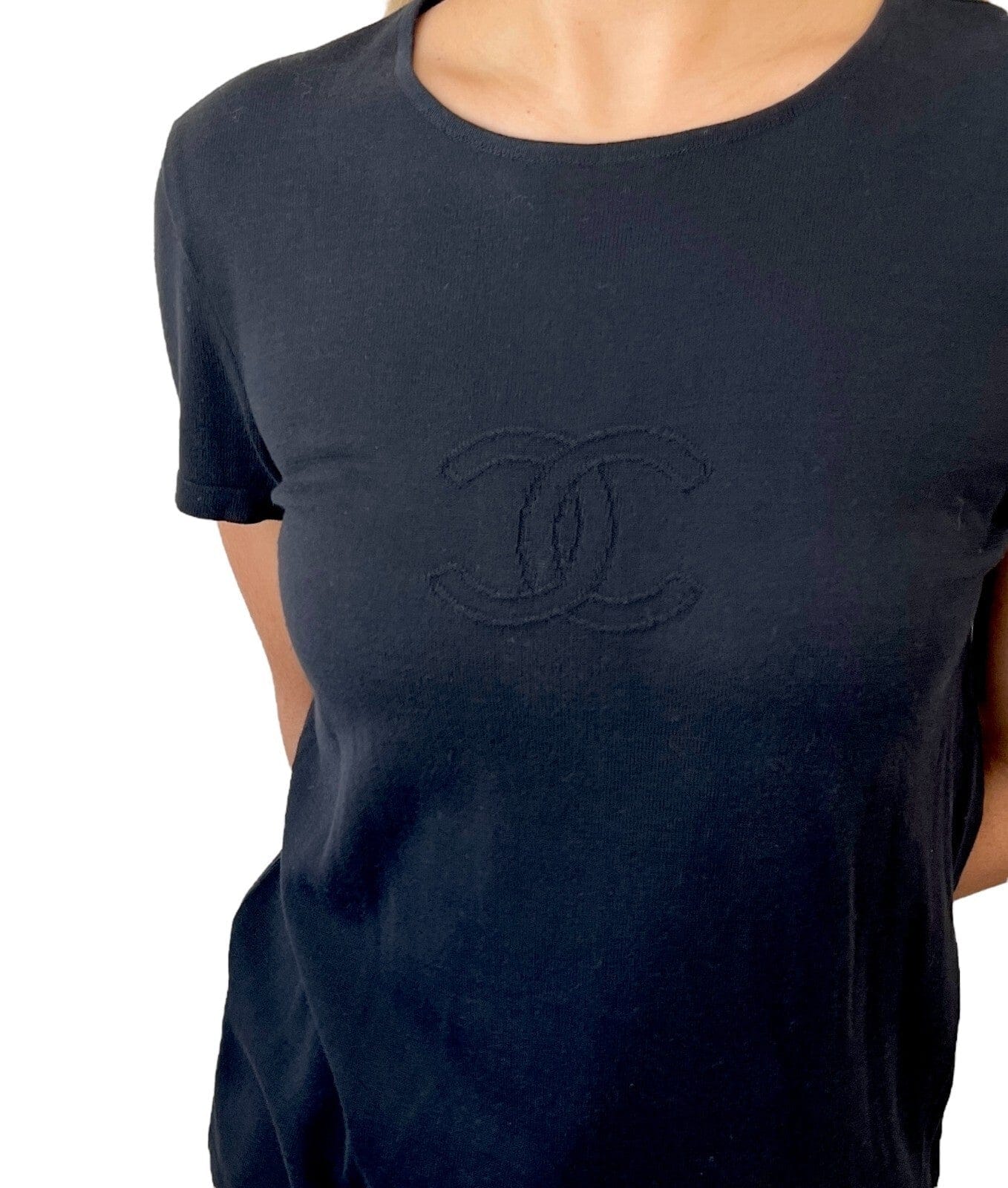 CHANEL Vintage 05C CC Logo Knit T - shirt #42 Short Sleeve Top Black Cotton