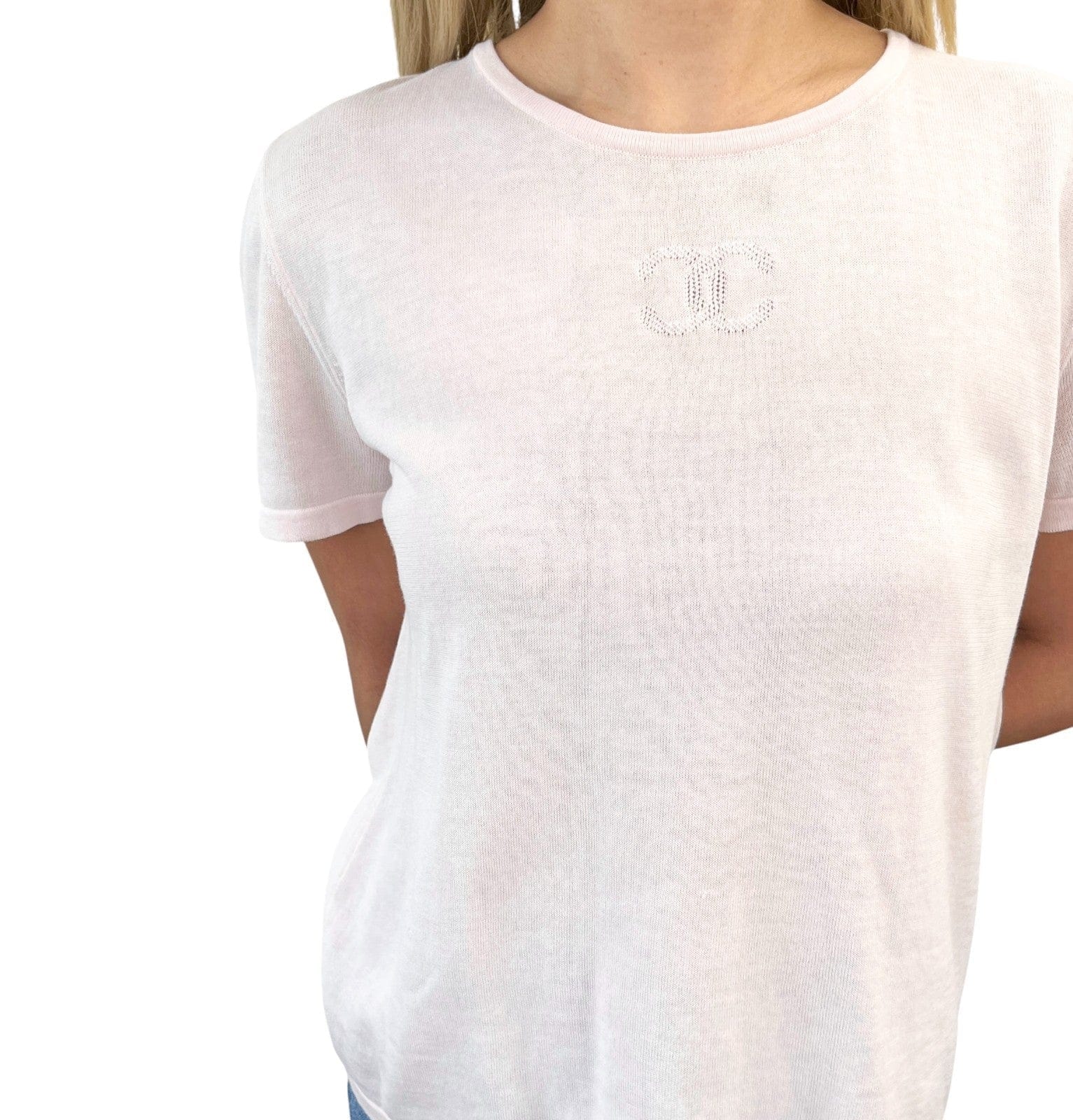 CHANEL Vintage 06P CC Mark Logo Short Sleeve Top #38 T - shirt Pink Cotton Mesh