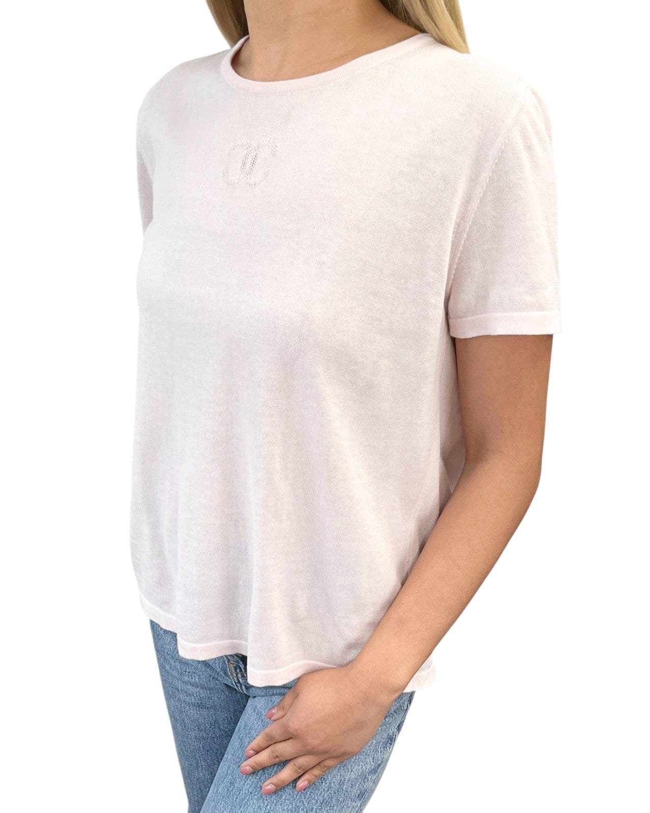 CHANEL Vintage 06P CC Mark Logo Short Sleeve Top #38 T - shirt Pink Cotton Mesh