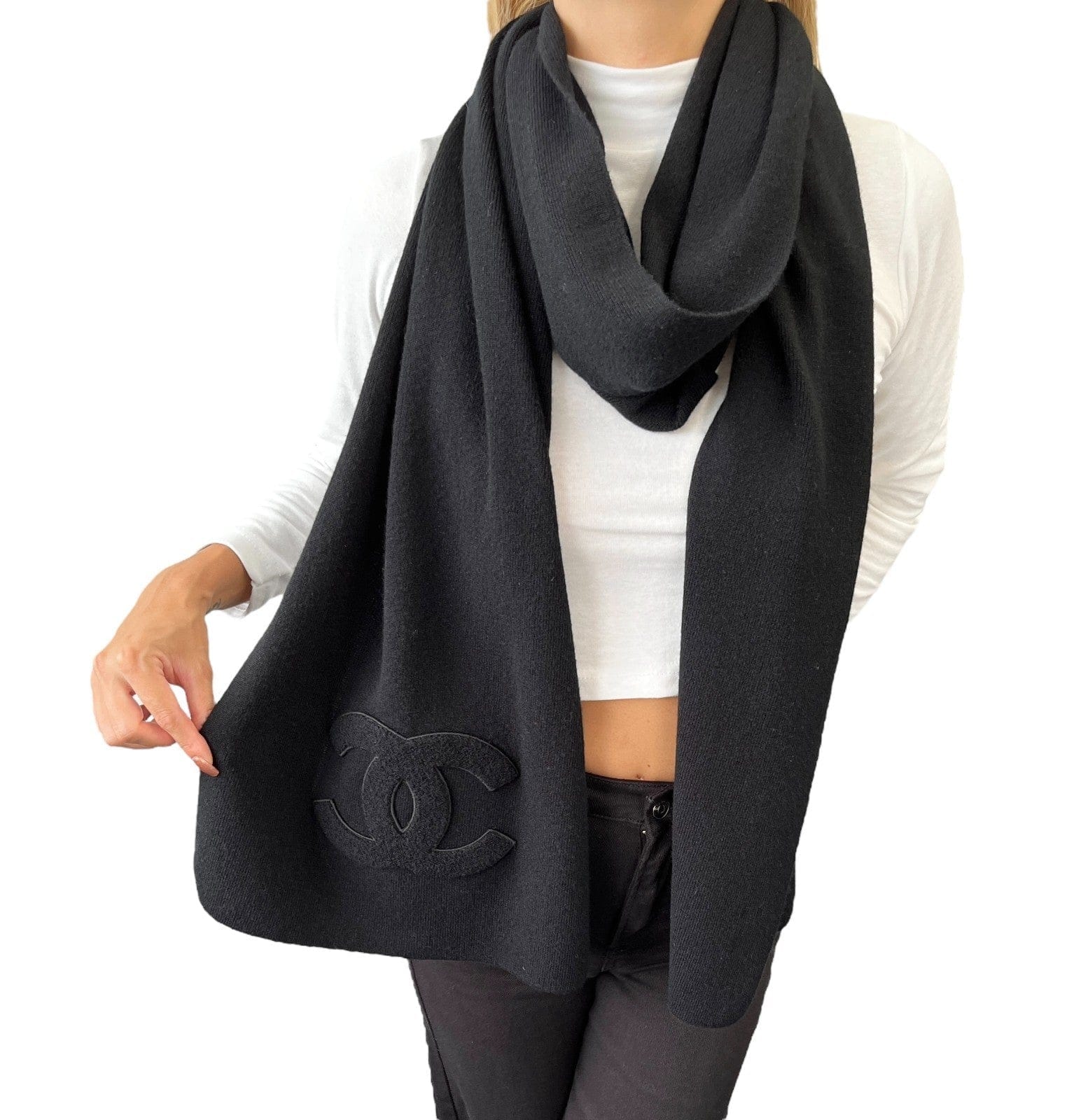 CHANEL Vintage CC Big Logo Muffler Scarf Wrap Accessory Black Cashmere Patch