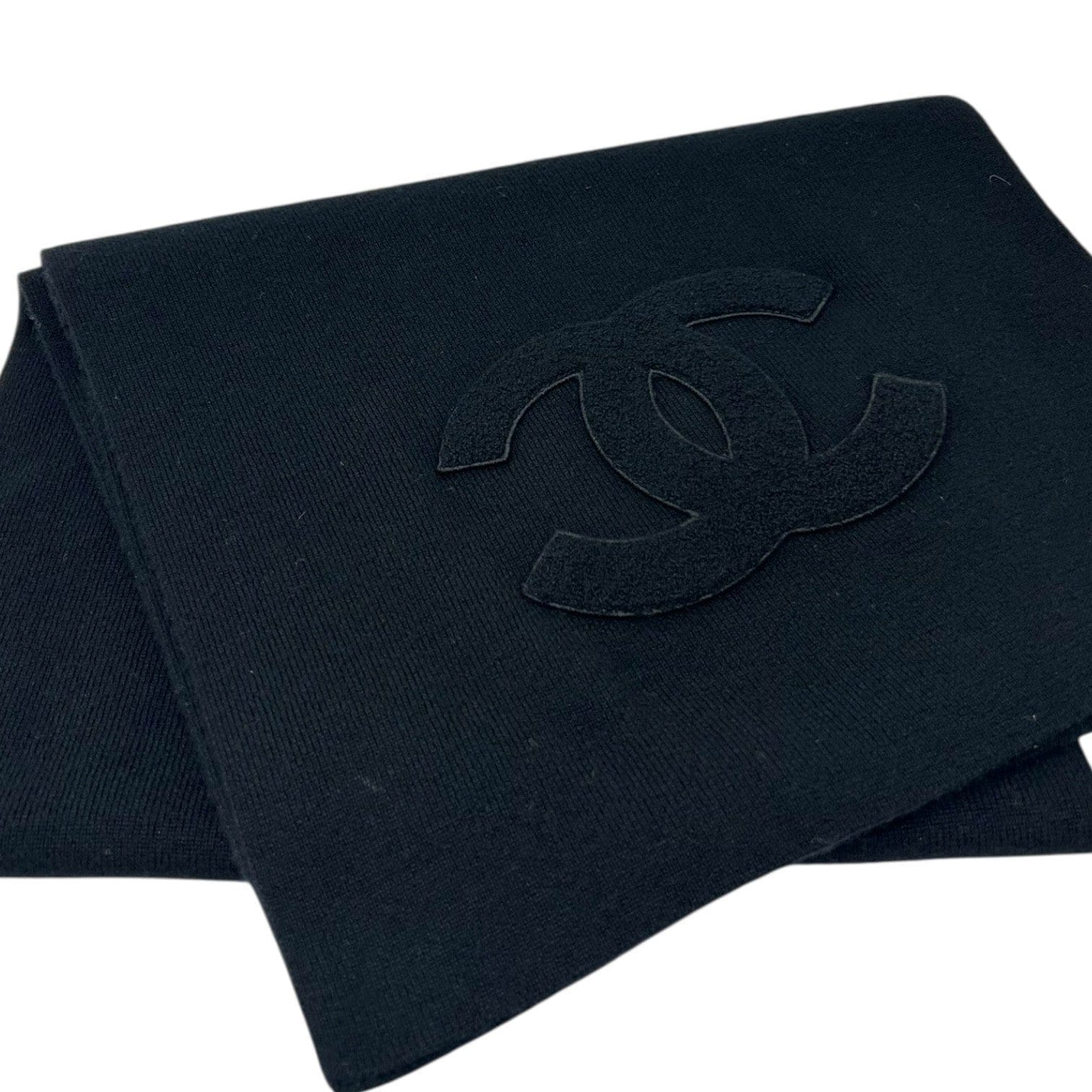 CHANEL Vintage CC Big Logo Muffler Scarf Wrap Accessory Black Cashmere Patch