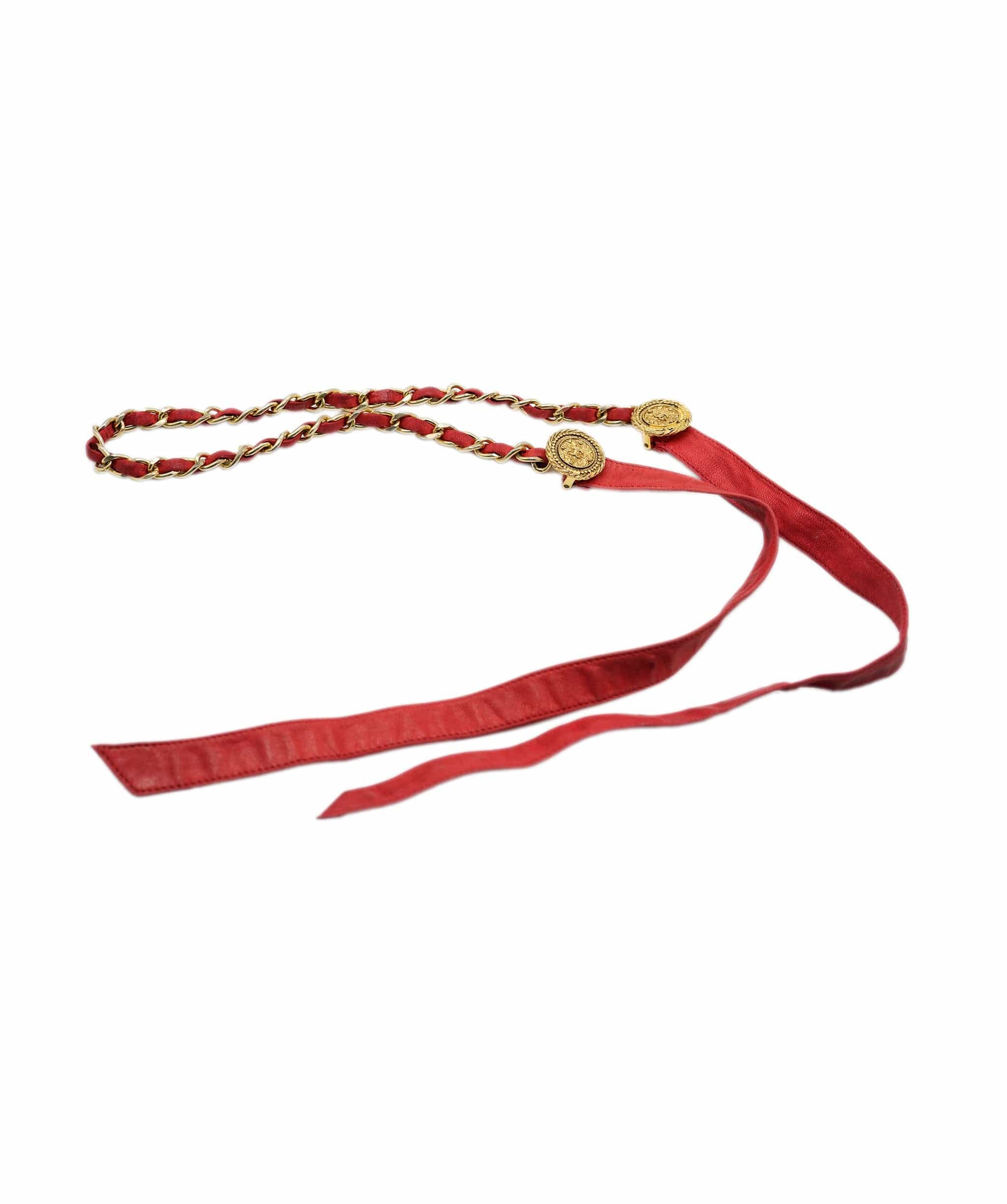 Chanel Red Leather Gold Belt - AGL1975
