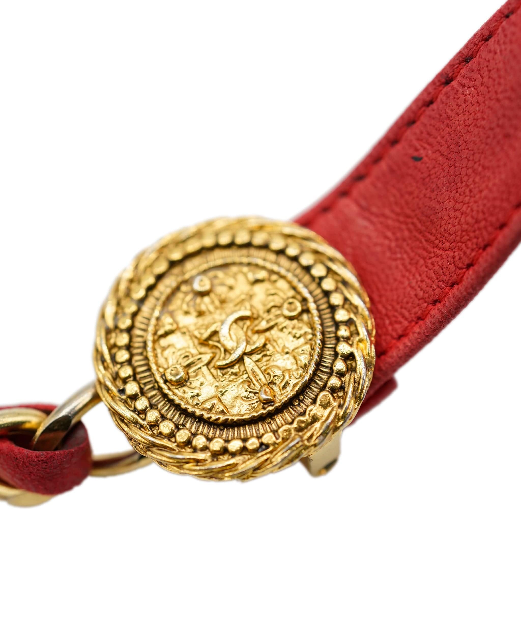 Chanel Red Leather Gold Belt - AGL1975