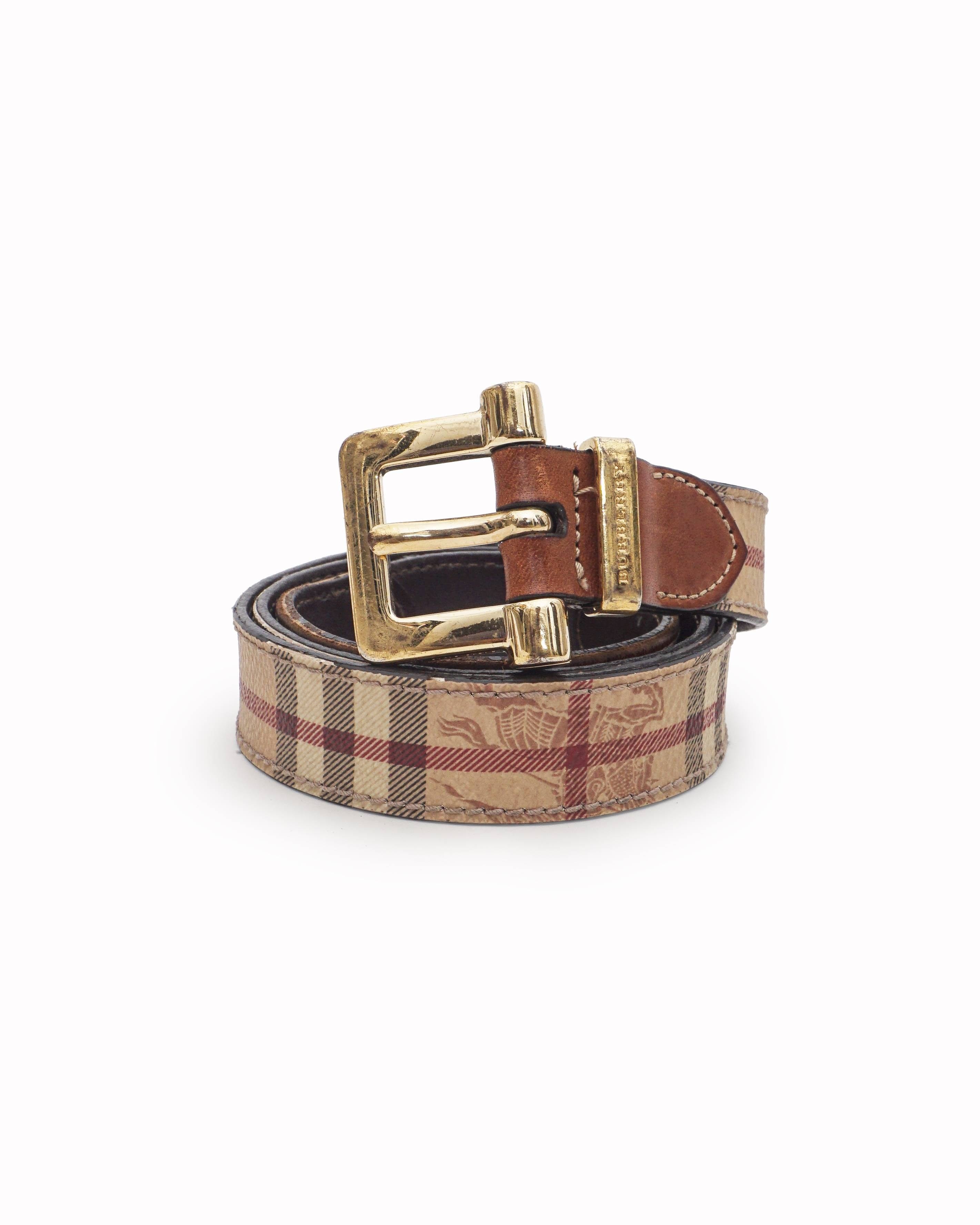 Burberry Vintage House Check Tan Leather Trim Belt