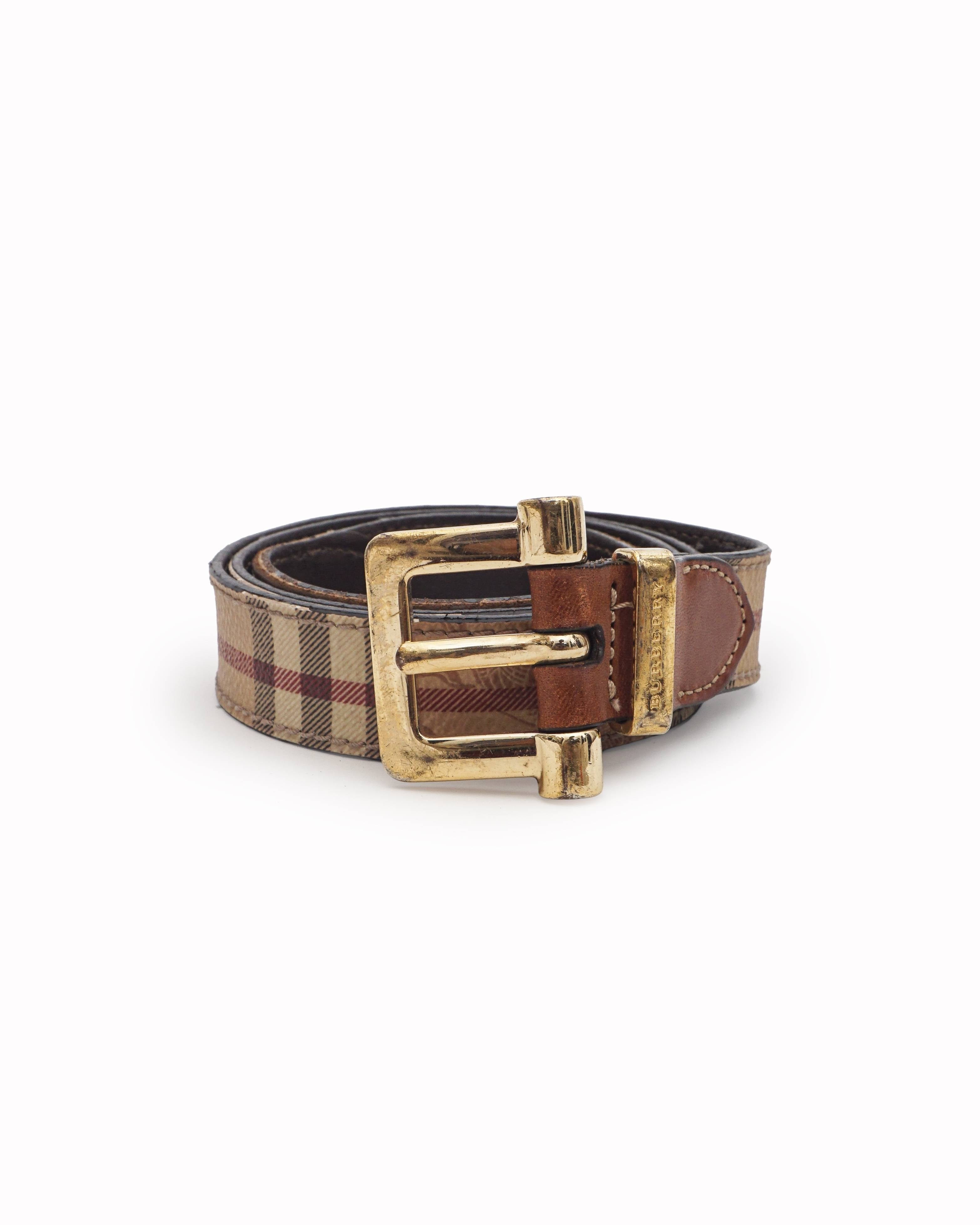 Burberry Vintage House Check Tan Leather Trim Belt