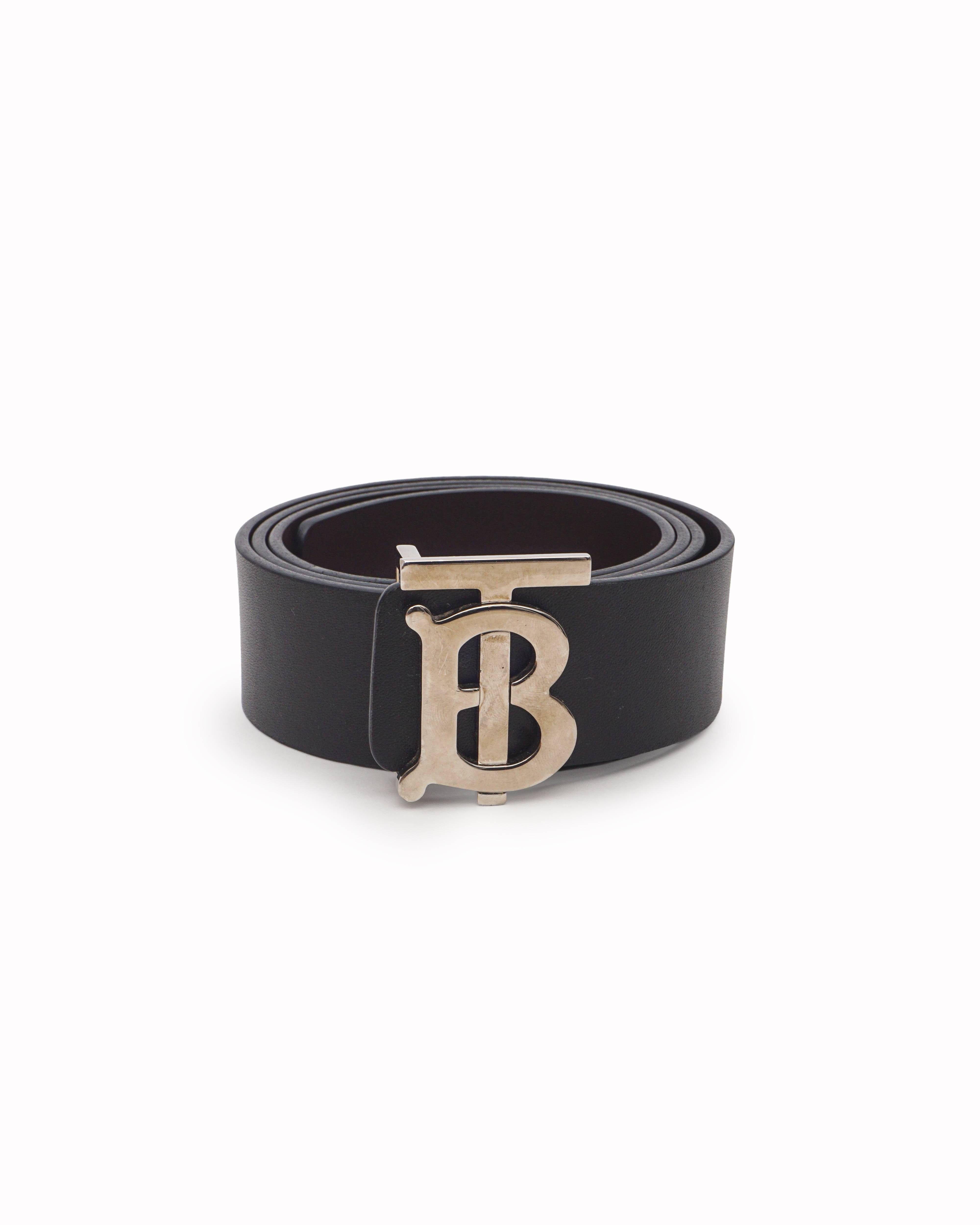 Burberry Black Smooth Leather Silver TB Monogram Plaque Belt