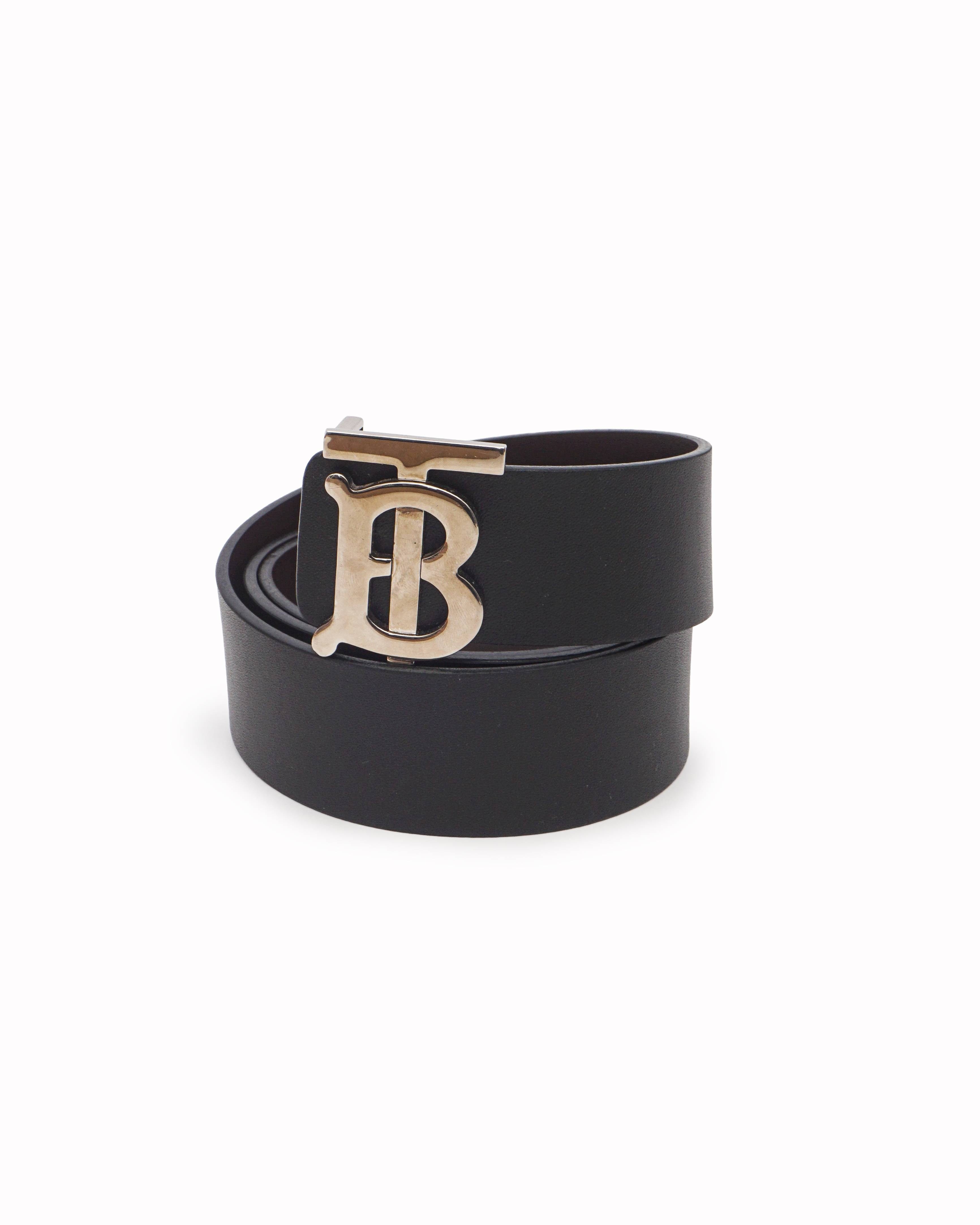 Burberry Black Smooth Leather Silver TB Monogram Plaque Belt