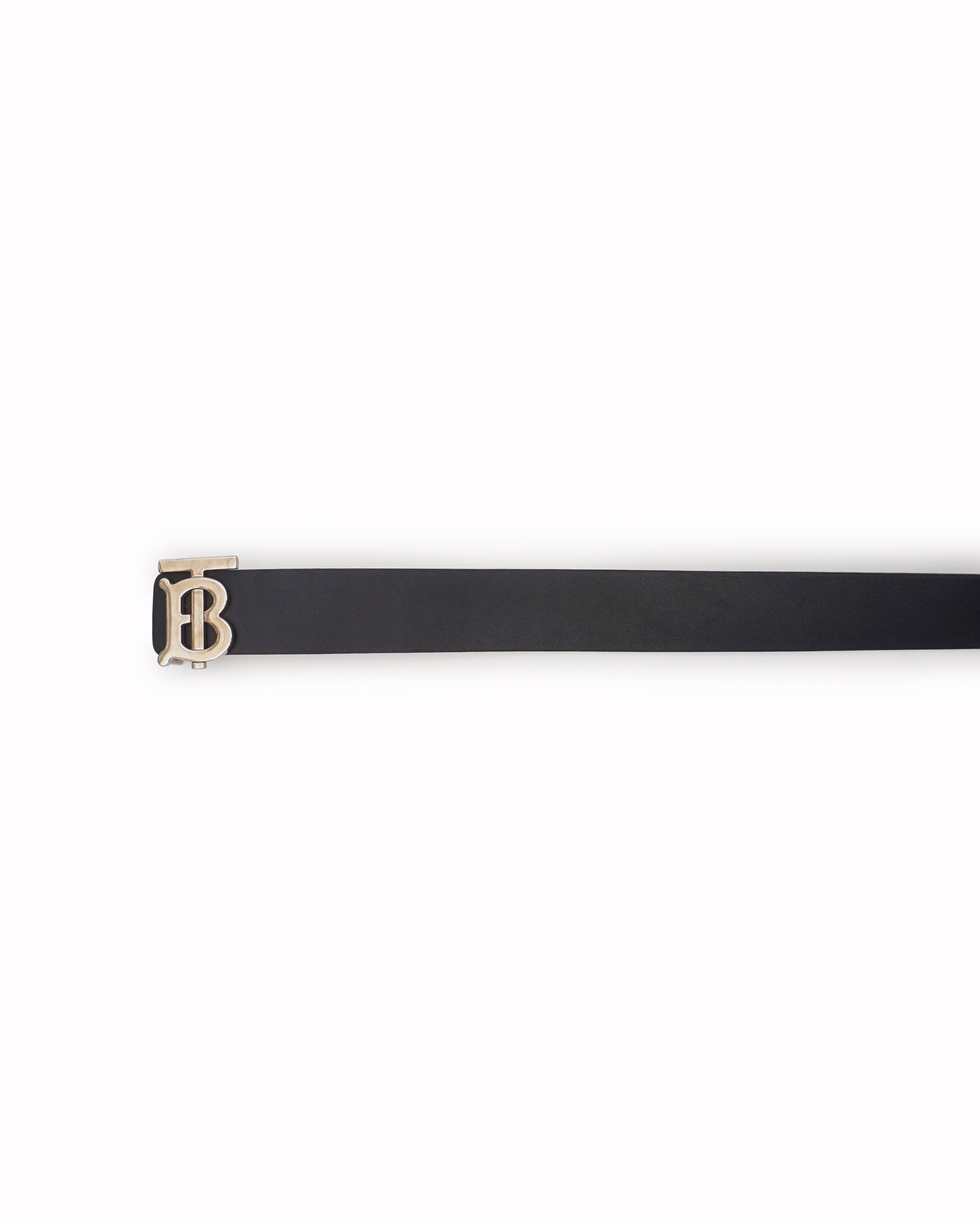 Burberry Black Smooth Leather Silver TB Monogram Plaque Belt