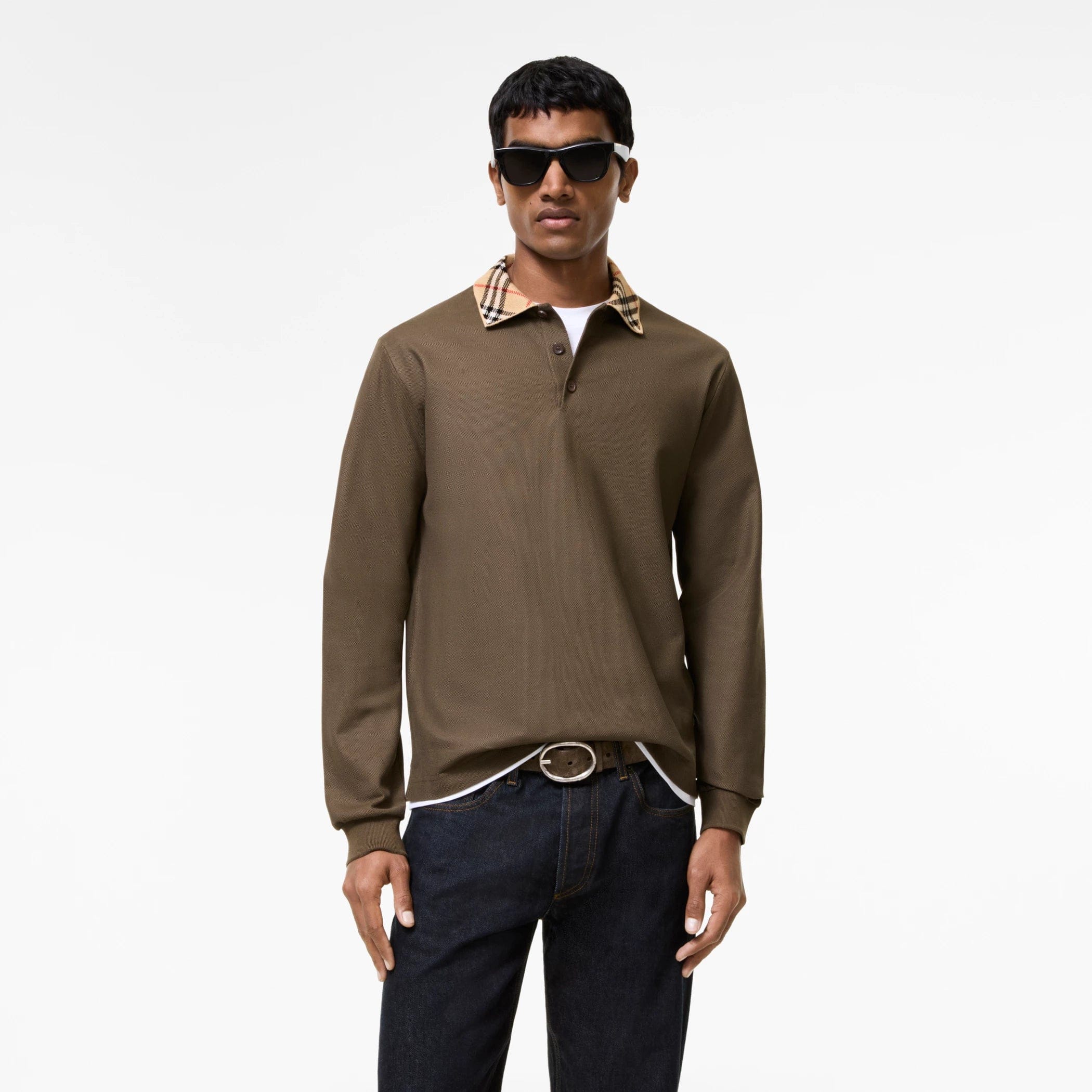 Burberry Long - sleeve Check Collar Cotton Polo Shirt