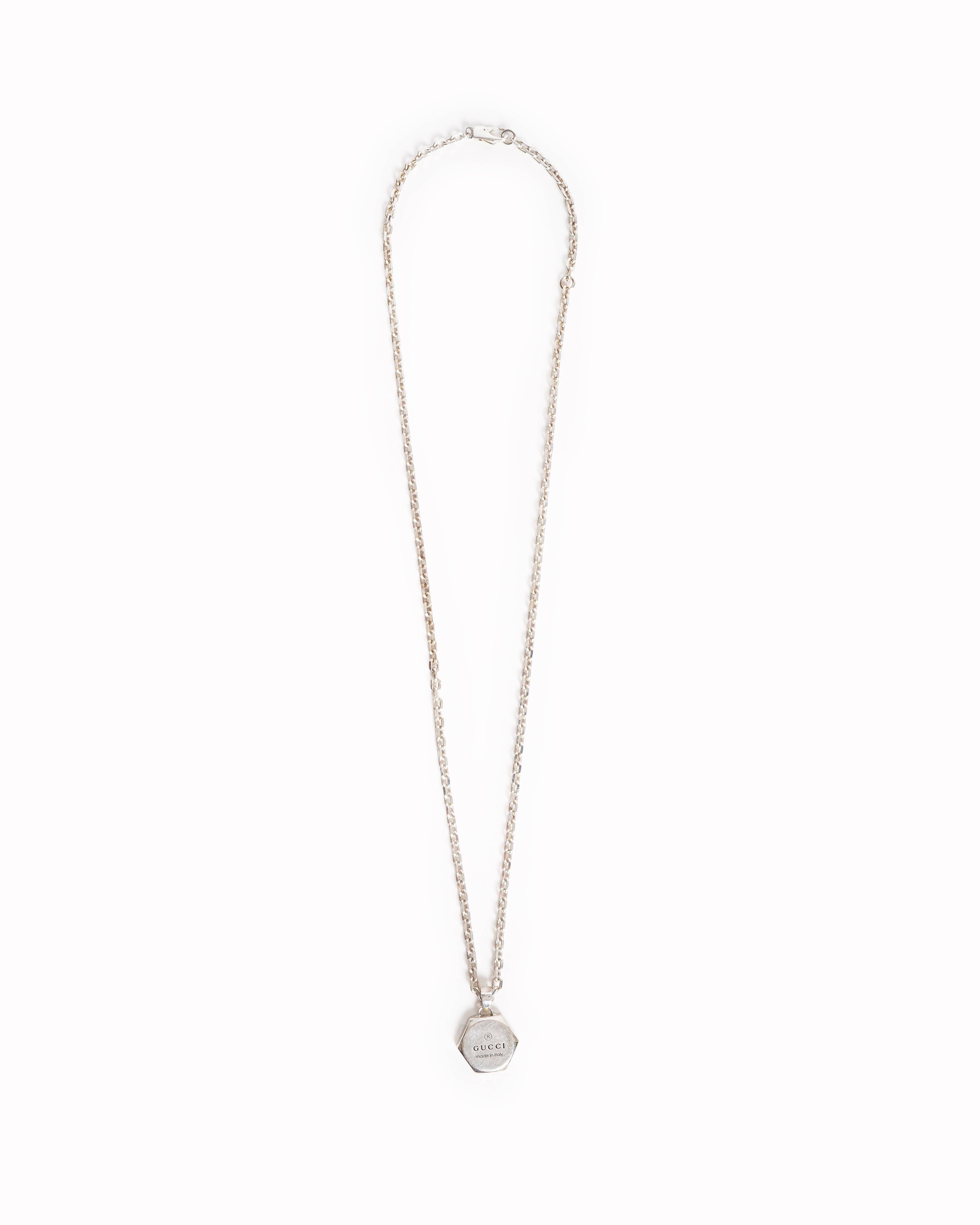 Gucci Silver Hexagonal Pendant Necklace with Logo Engraving