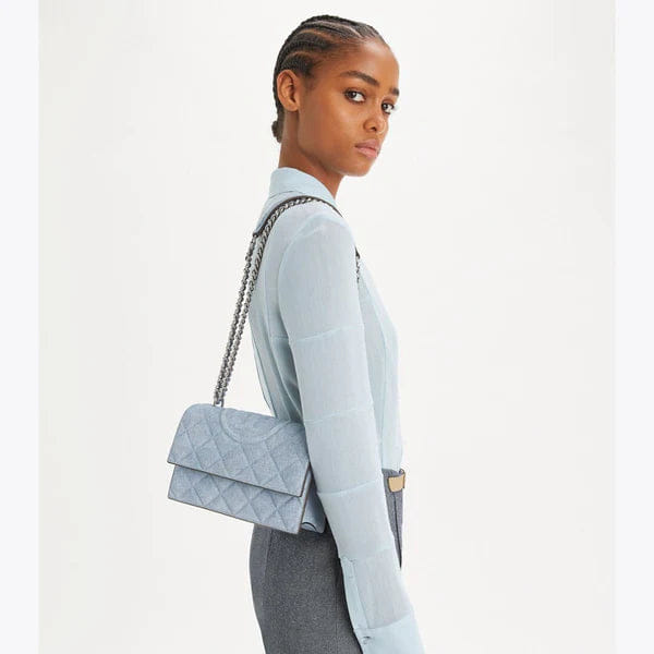 Tory Burch Small Fleming Denim - Print Suede Shoulder Bag Medium Wash Denim Sale price