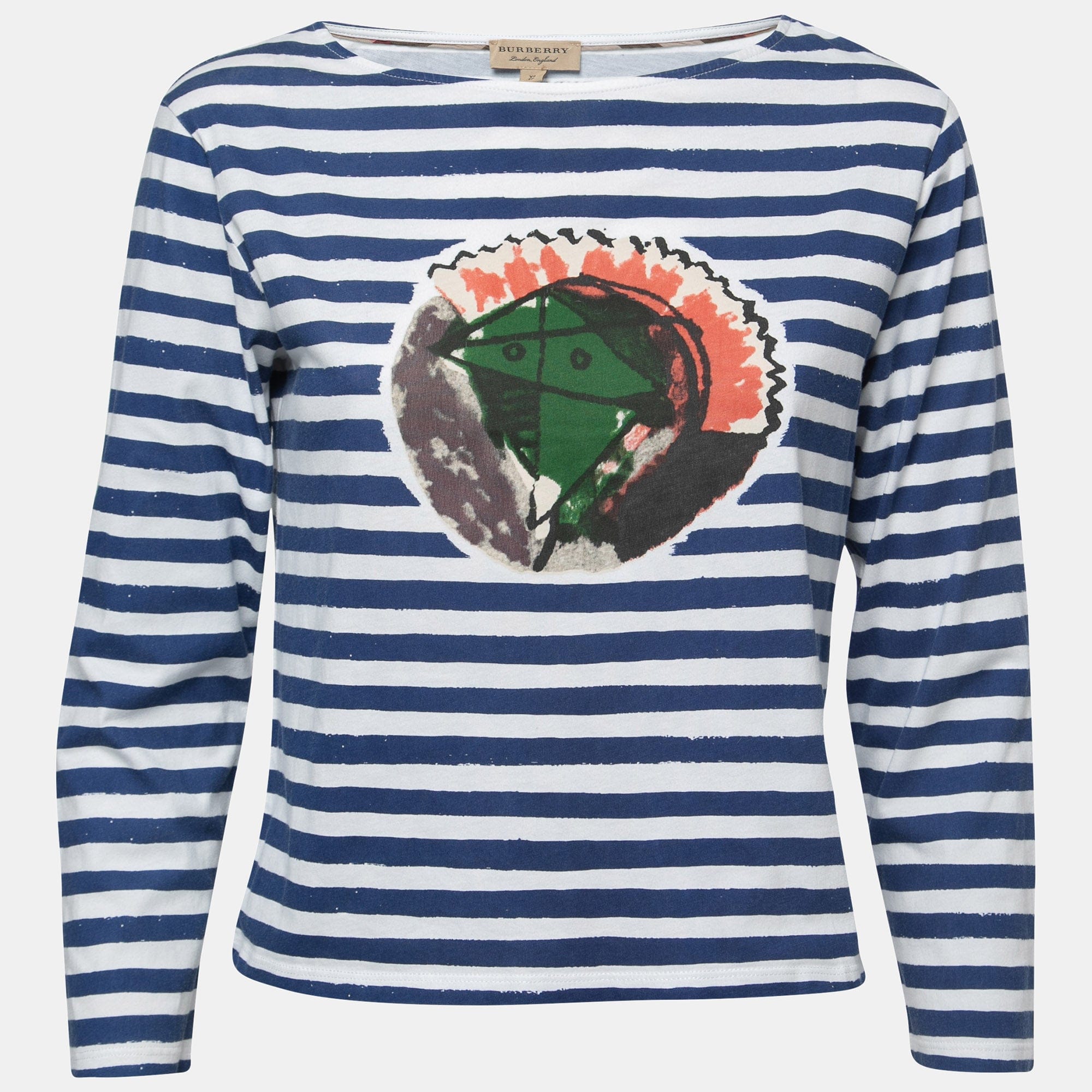 Burberry Blue Graphic Stripe Print Cotton Boat Neck T - Shirt