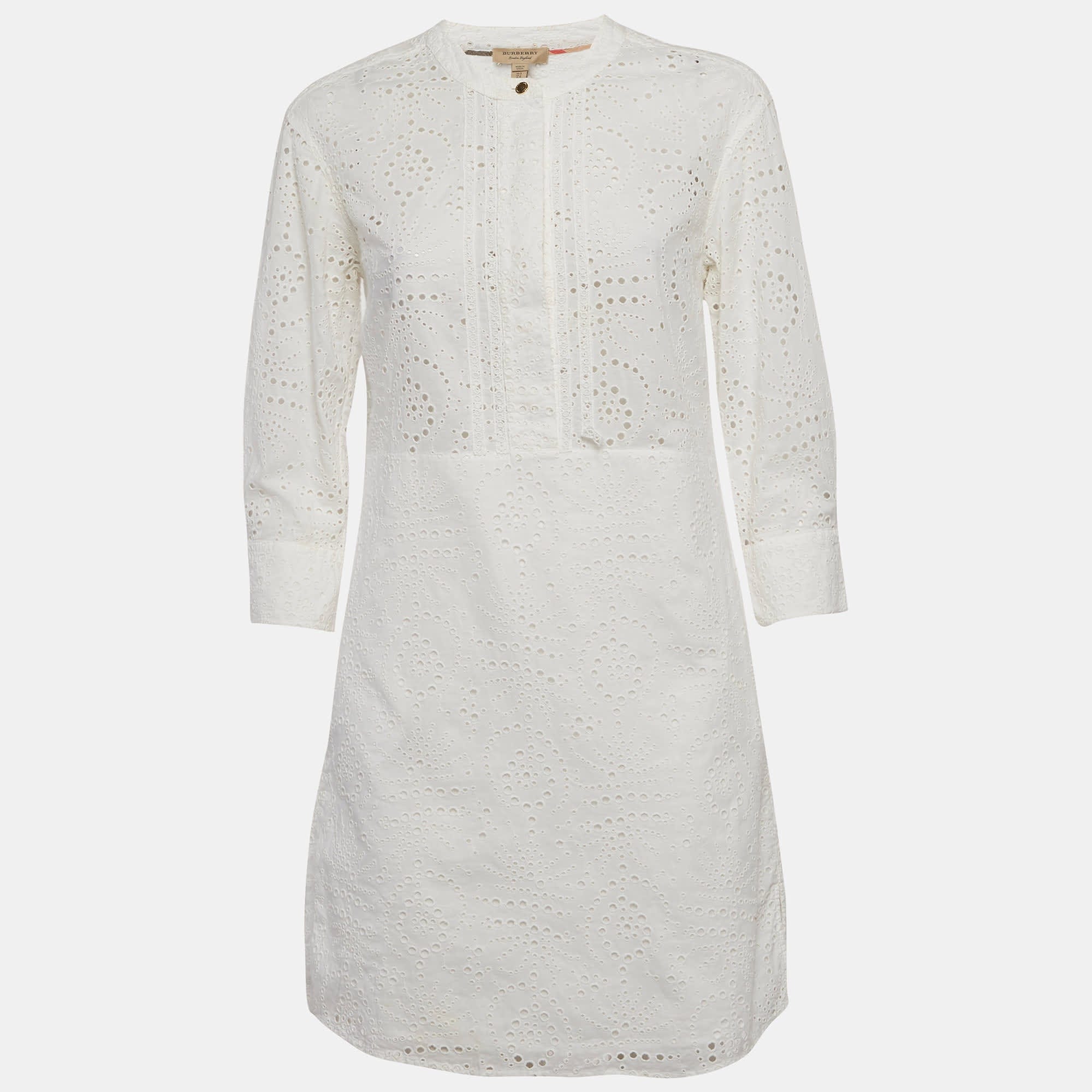 Burberry White Cotton Daniela Eyelet Shirt Dress