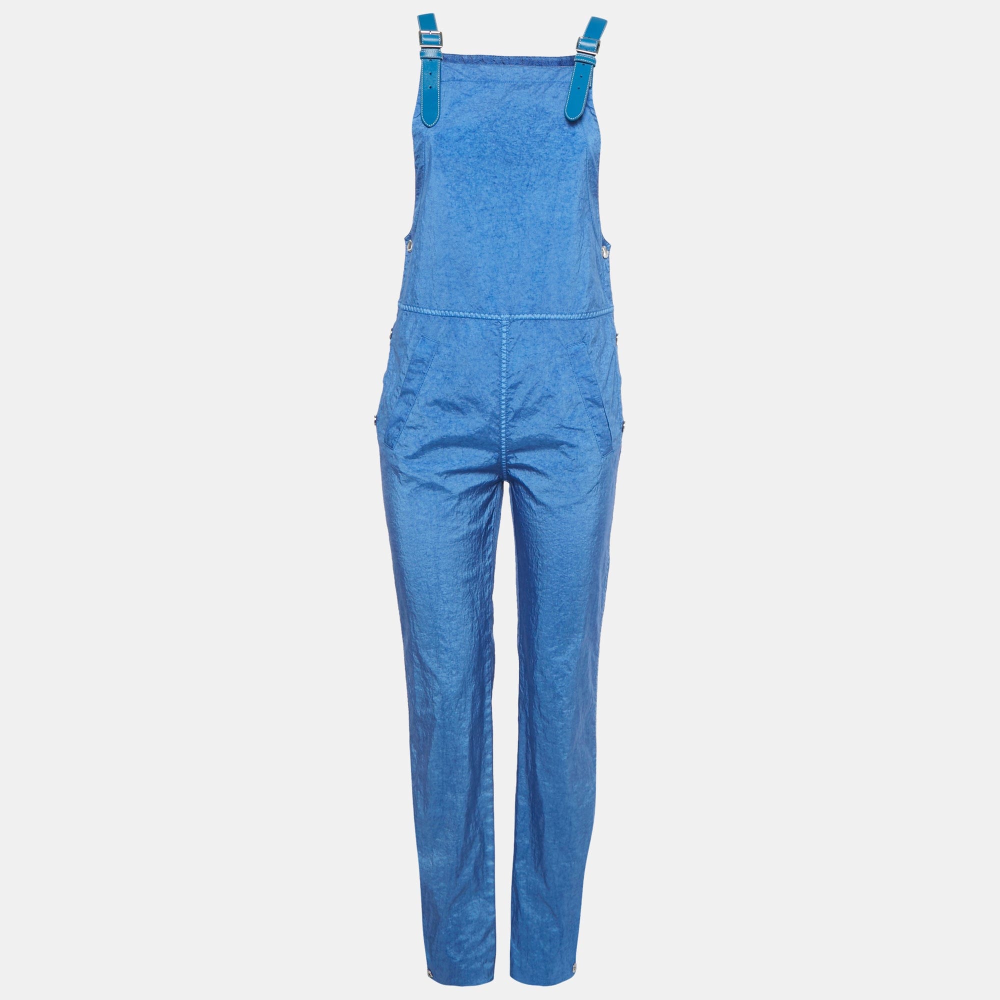 Burberry Warm Royal Blue Synthetic Leather Trim Dungarees