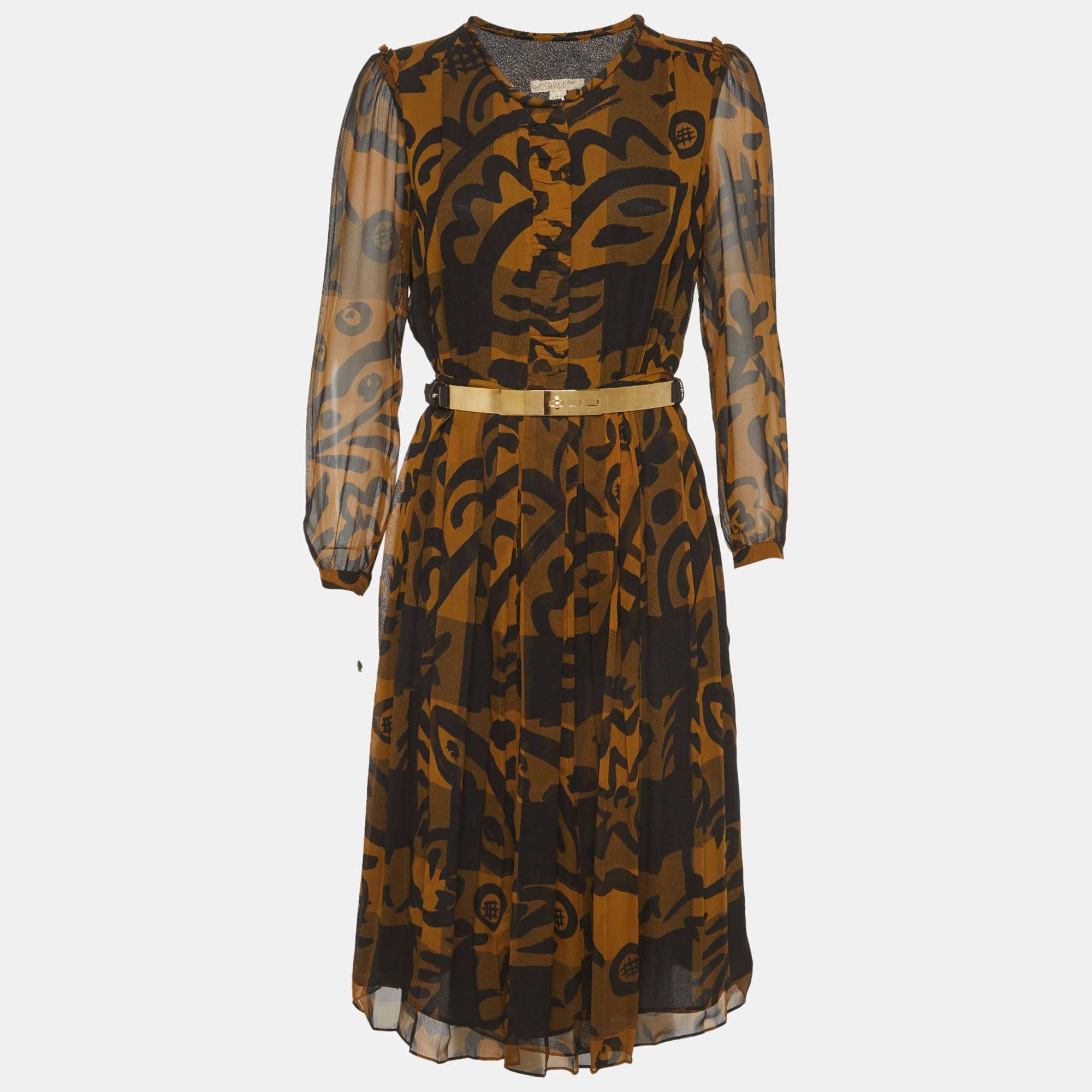 Burberry Brit Black/mustard Abstract Print Silk Midi Dress