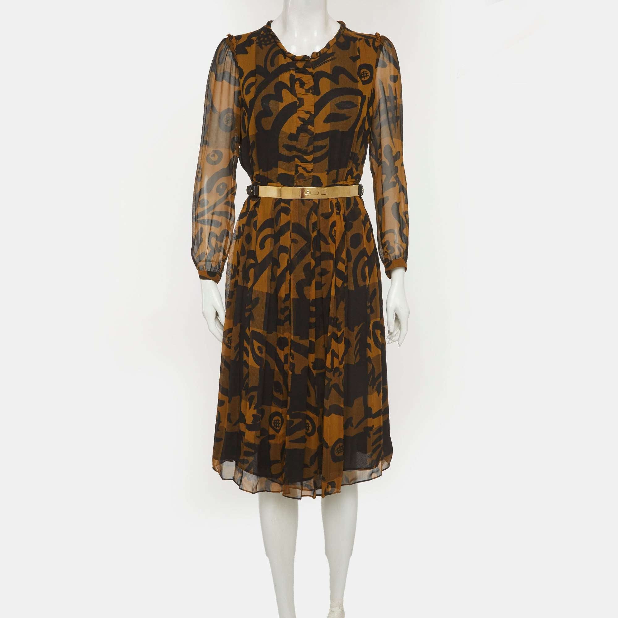 Burberry Brit Black/mustard Abstract Print Silk Midi Dress