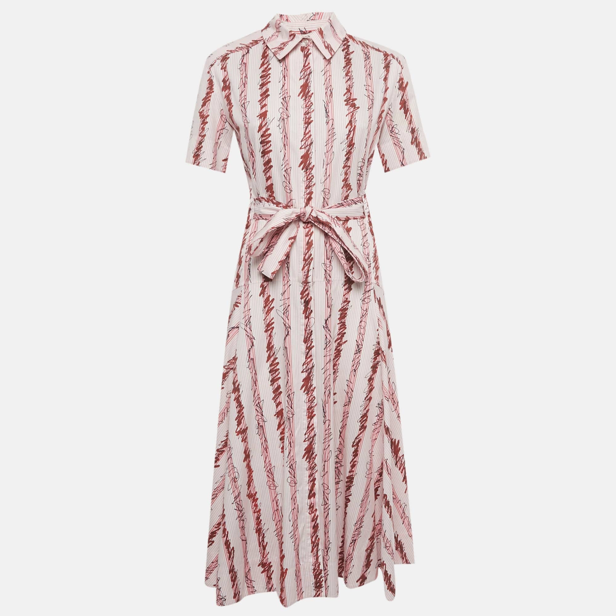 Burberry Pink Scribble Printed Cotton Belted Shirt Dress