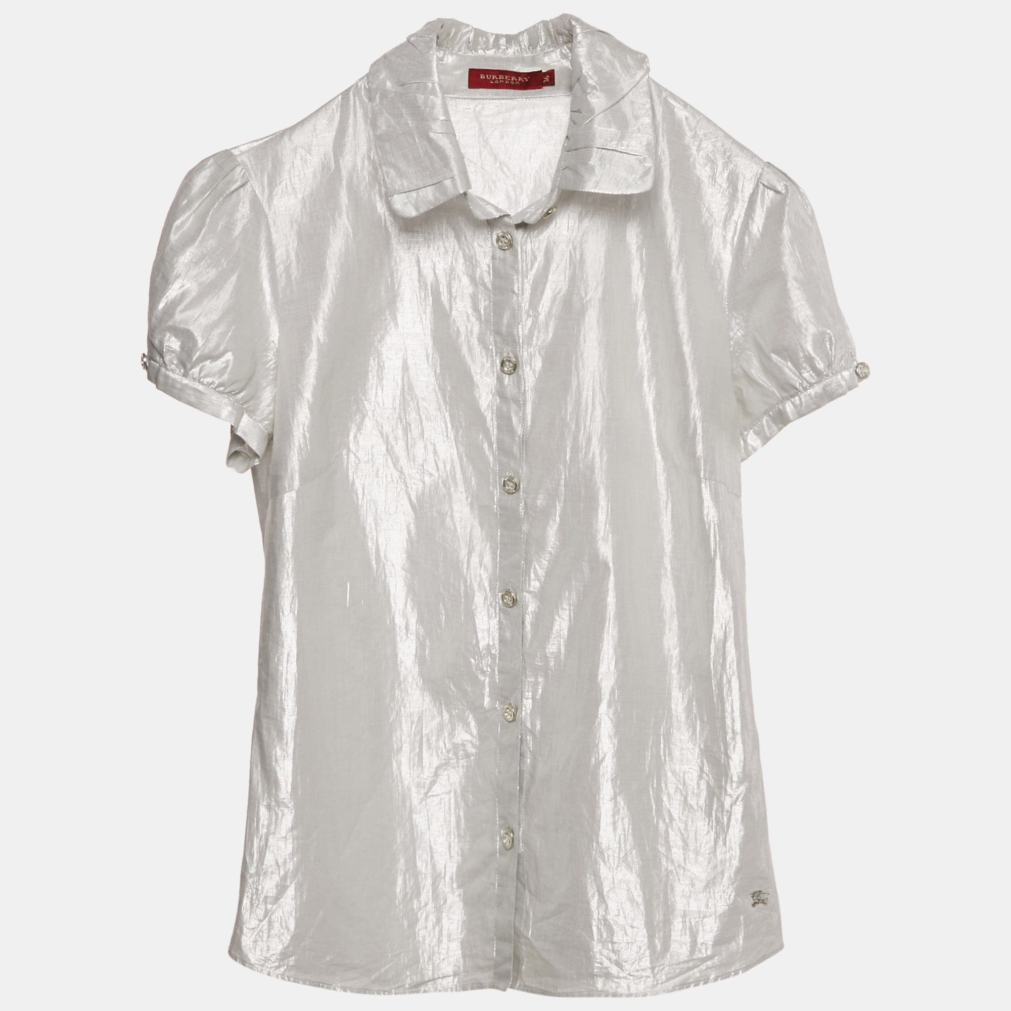 Burberry London Silver Lamé Button Front Shirt