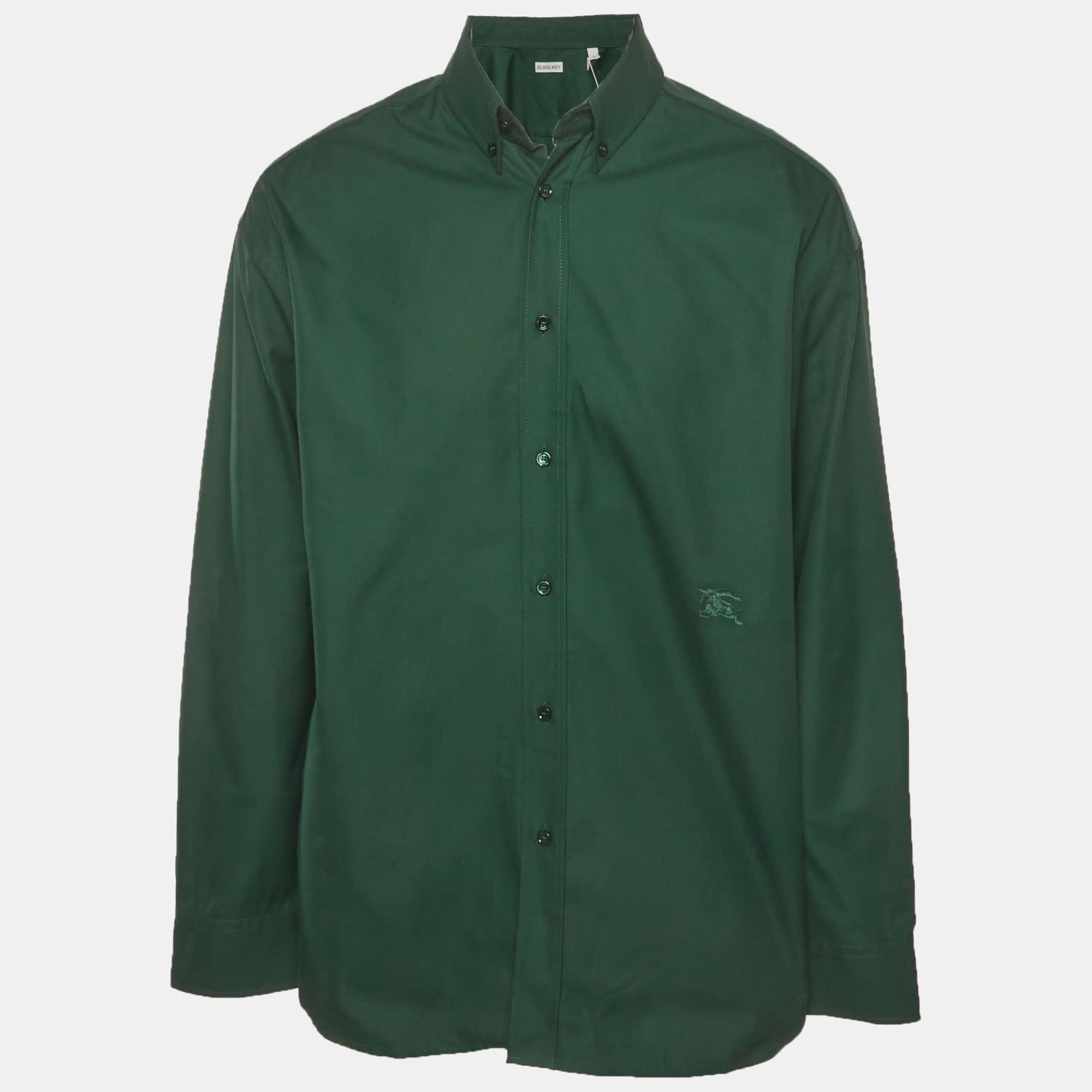 Burberry Green Logo Embroidered Cotton Button Up Shirt