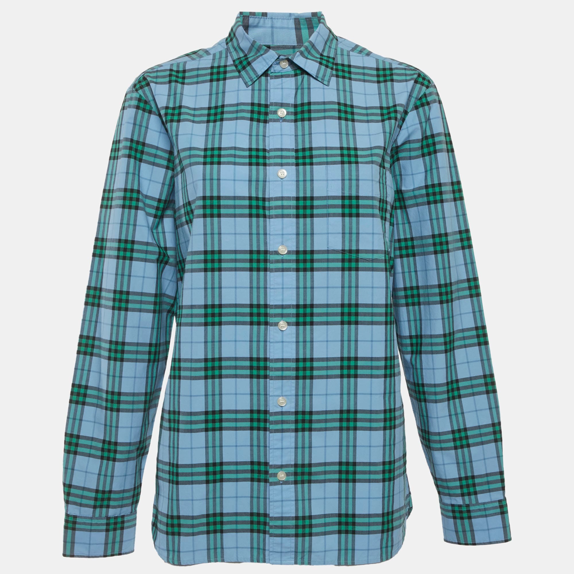 Burberry Blue Checks Cotton Long Sleeve Shirt