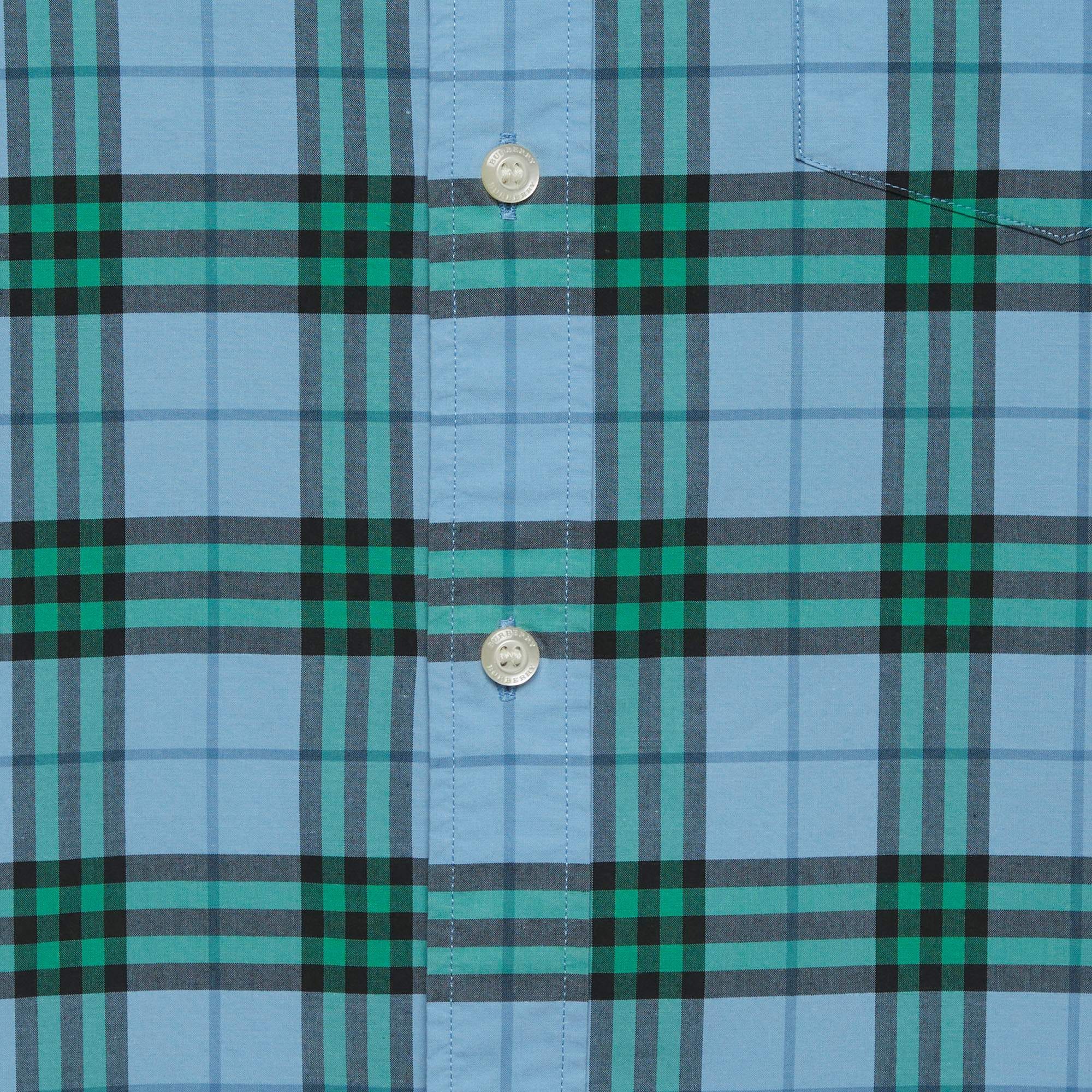 Burberry Blue Checks Cotton Long Sleeve Shirt